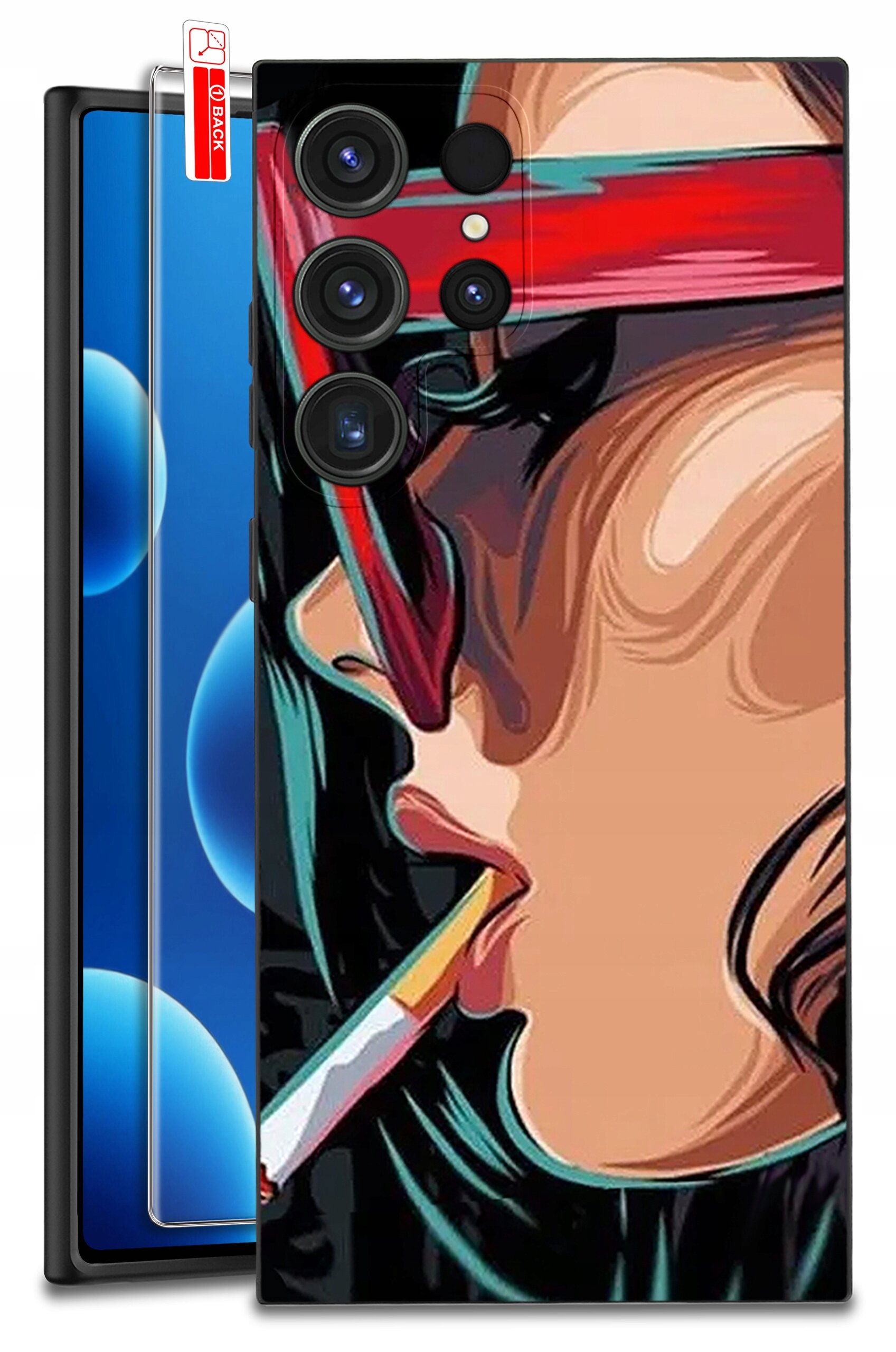 Etui na telefon z kolorowym wzorem przedstawiającym stylizowaną twarz osoby w okularach i z papierosem. Obok widoczne jest szkło ochronne z napisem \'BACK\'.