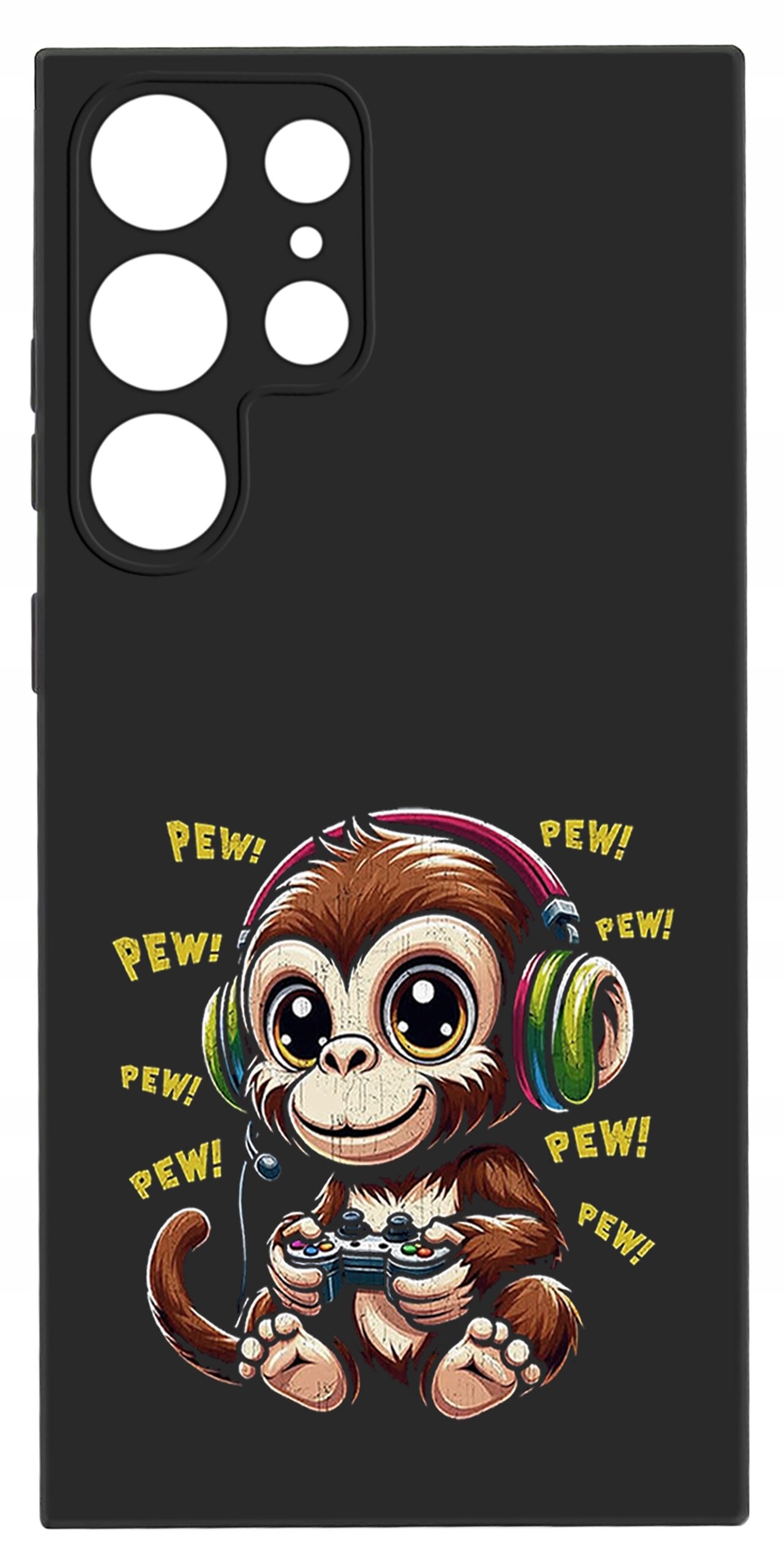 Czarne etui z nadrukiem małpki w słuchawkach trzymającej kontroler do gier, otoczonej napisem \'PEW!\'.