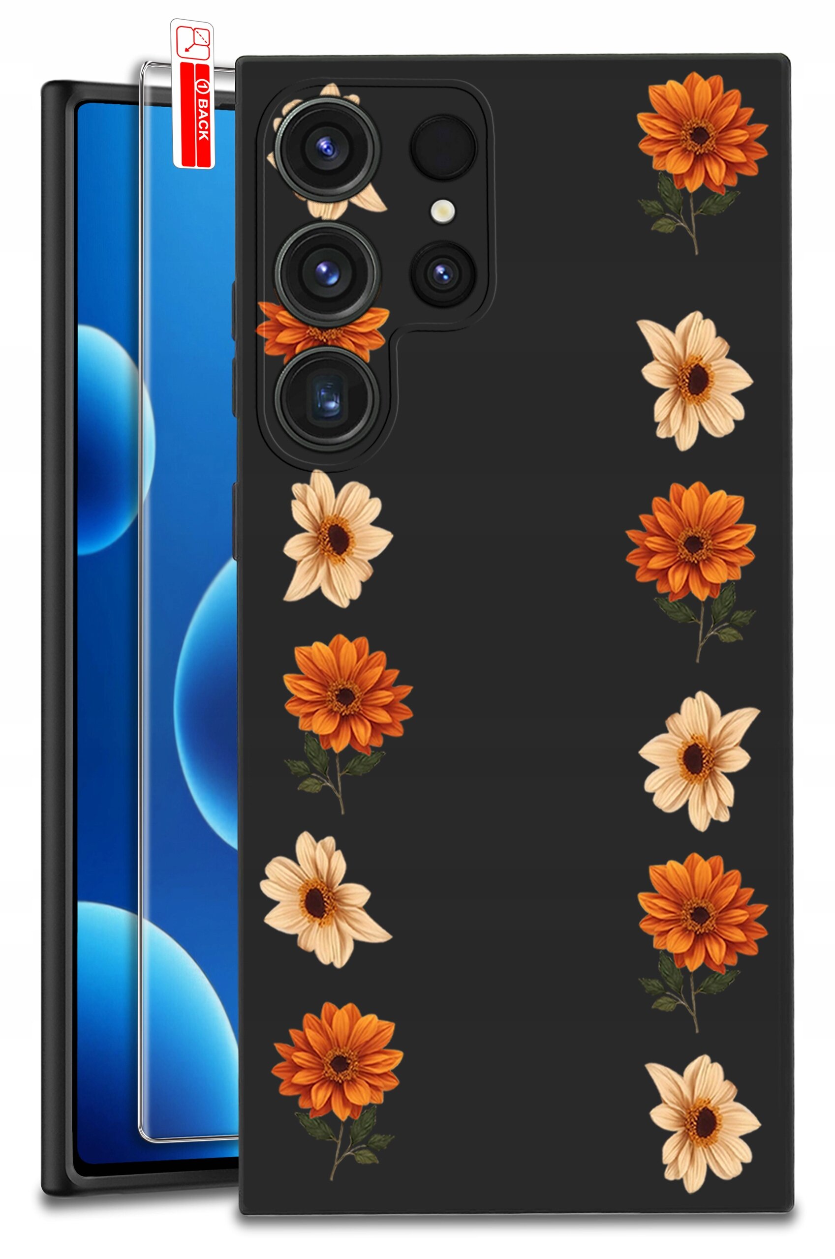 Etui do telefonu z czarnym tłem ozdobione wzorem pomarańczowych i kremowych kwiatów. Obok etui znajduje się szkło ochronne z napisem \'BACK\'.