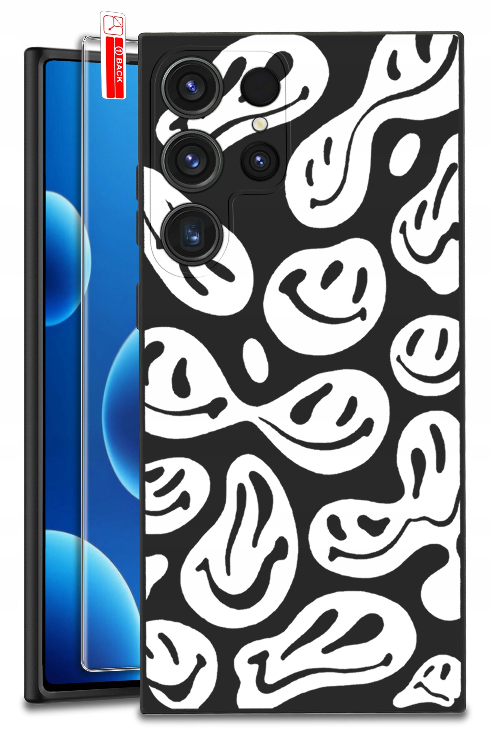 Etui do telefonu z czarno-białym wzorem przedstawiającym uśmiechnięte twarze. Obok etui widoczne jest szkło ochronne z napisem \'BACK\'.