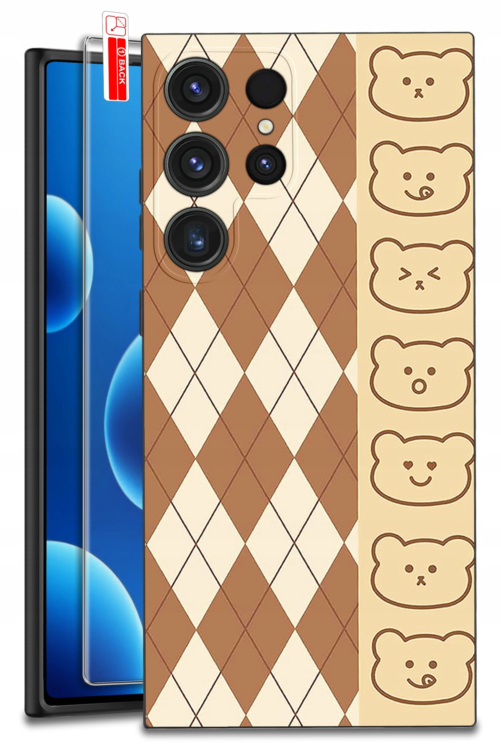 Etui na telefon z wzorem w romby w kolorach brązowym i beżowym oraz rysunkami misiów po boku. Obok etui widoczne jest szkło ochronne z napisem \'BACK\'.