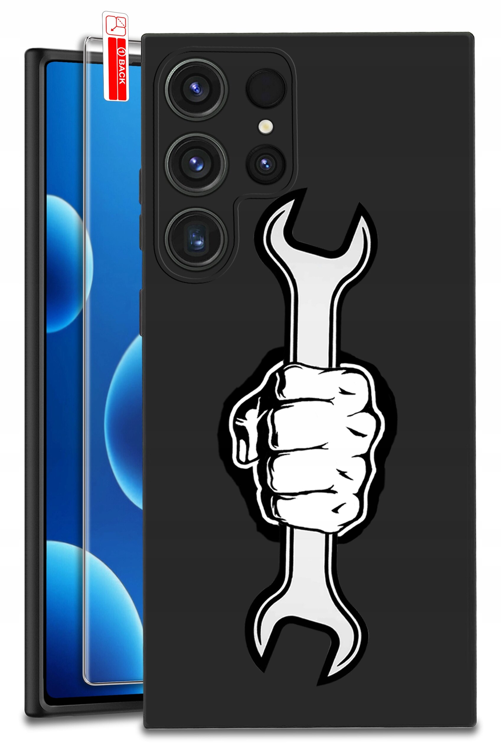 Czarne etui na telefon z nadrukiem białej ręki trzymającej klucz. Obok widoczne jest szkło ochronne z etykietą \'BACK\'.