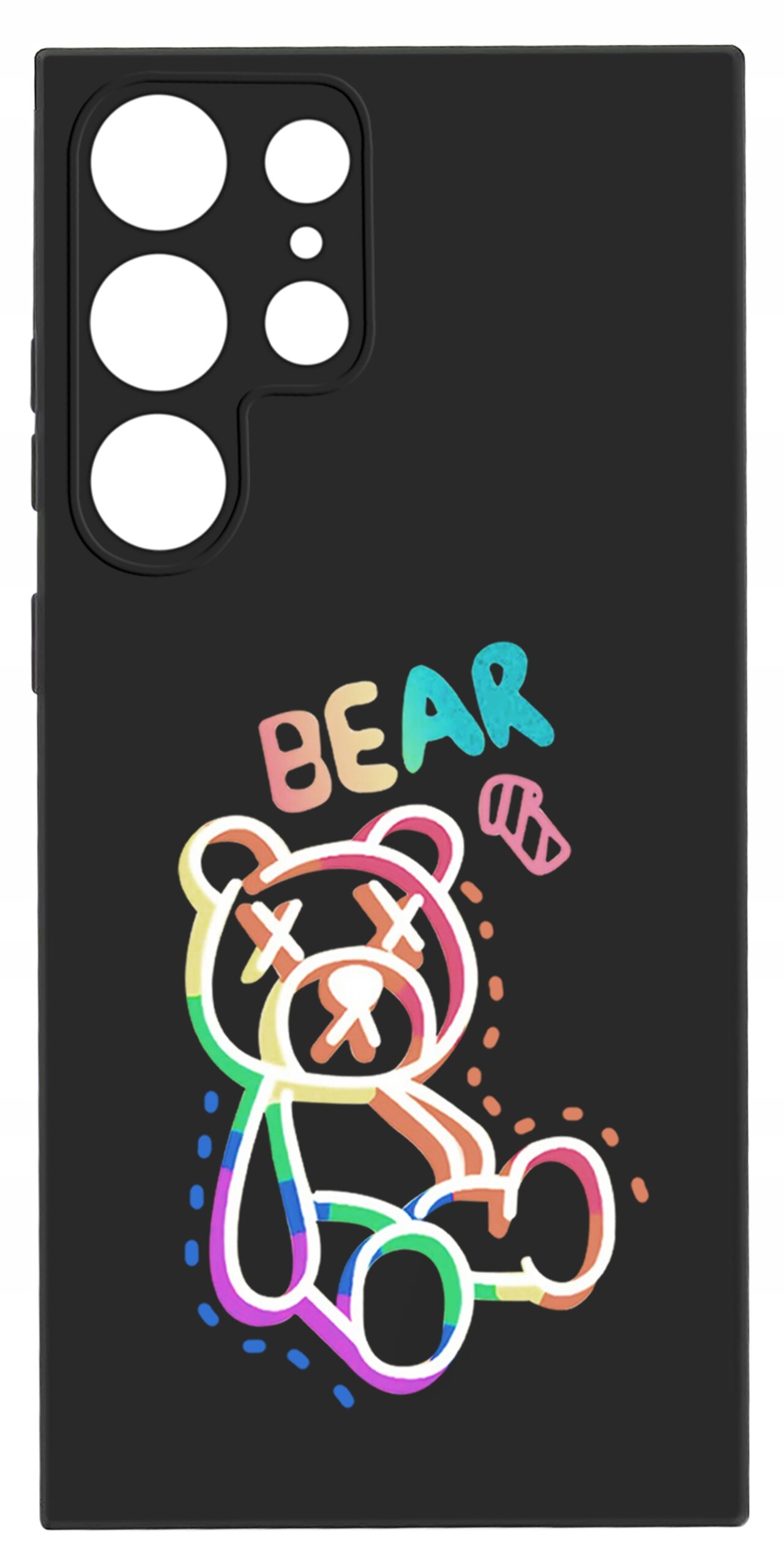 Czarne etui z kolorowym rysunkiem misia i napisem \'BEAR\'.
