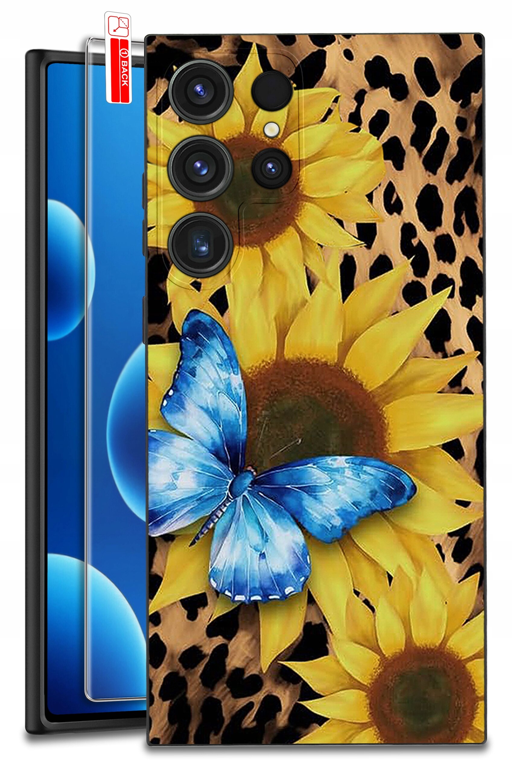 Etui na telefon z wzorem słoneczników i niebieskiego motyla na tle przypominającym skórę zwierzęcia. Obok etui widoczna jest szybka ochronna z napisem \'BACK\'.