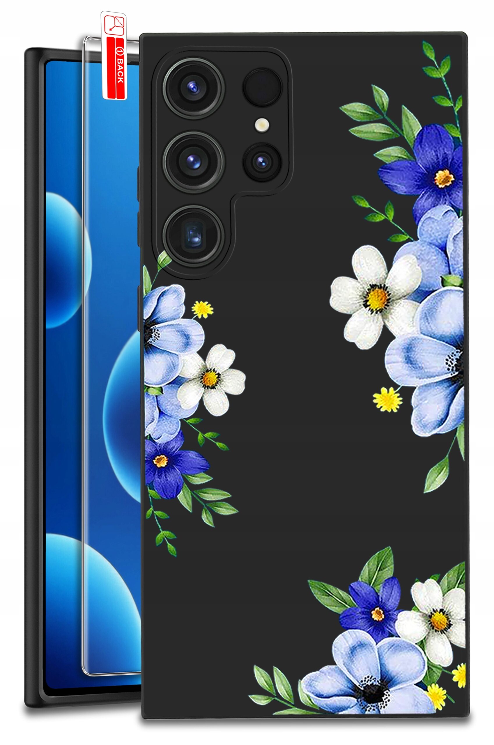 Etui na telefon z czarnym tłem ozdobione wzorem kwiatów w kolorach niebieskim, białym i żółtym. Obok etui znajduje się szkło ochronne z napisem \'BACK\'.