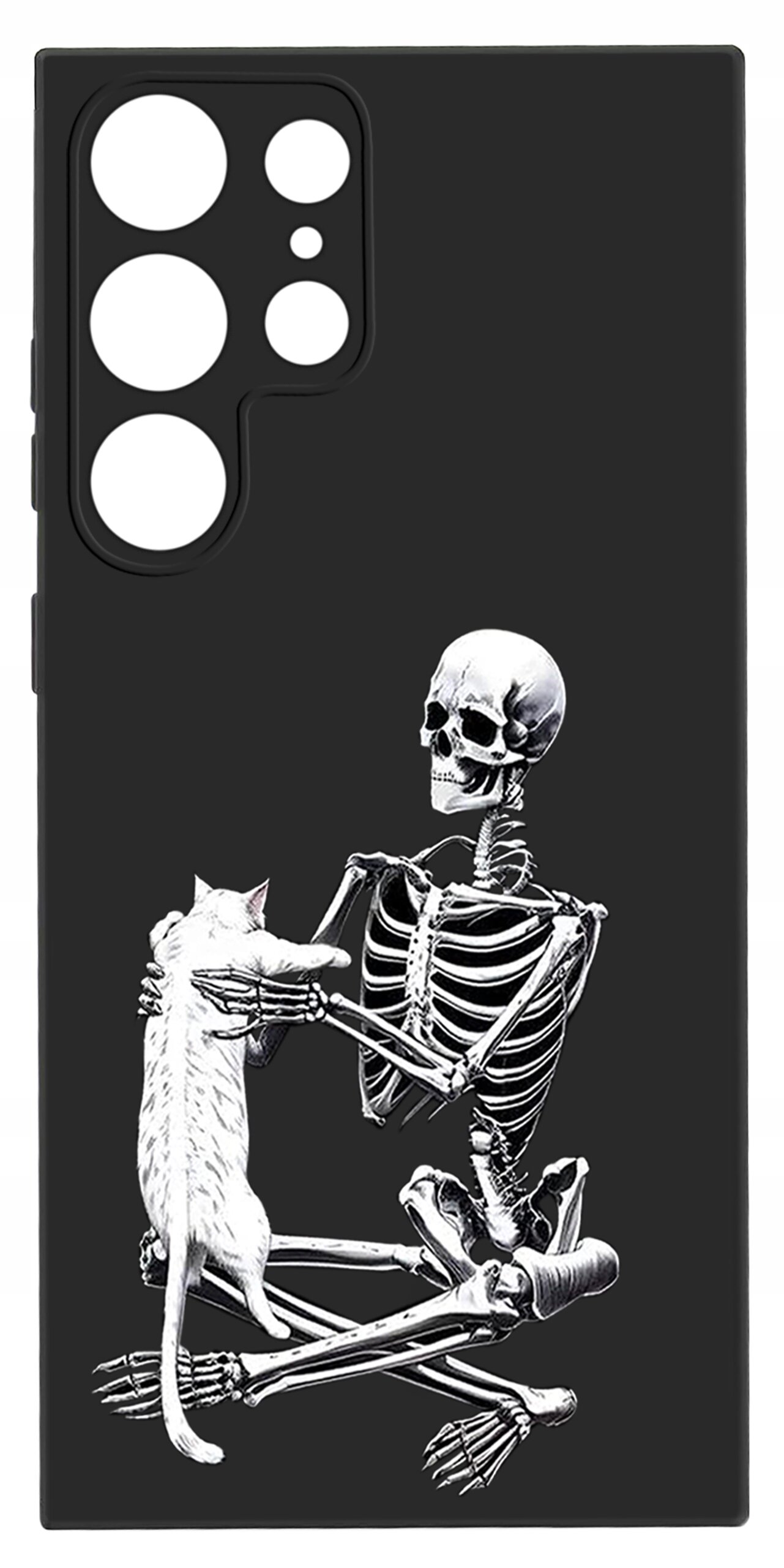 Czarne etui na telefon z nadrukiem szkieletu trzymającego kota. Etui ma wycięcia na aparat i przyciski.
