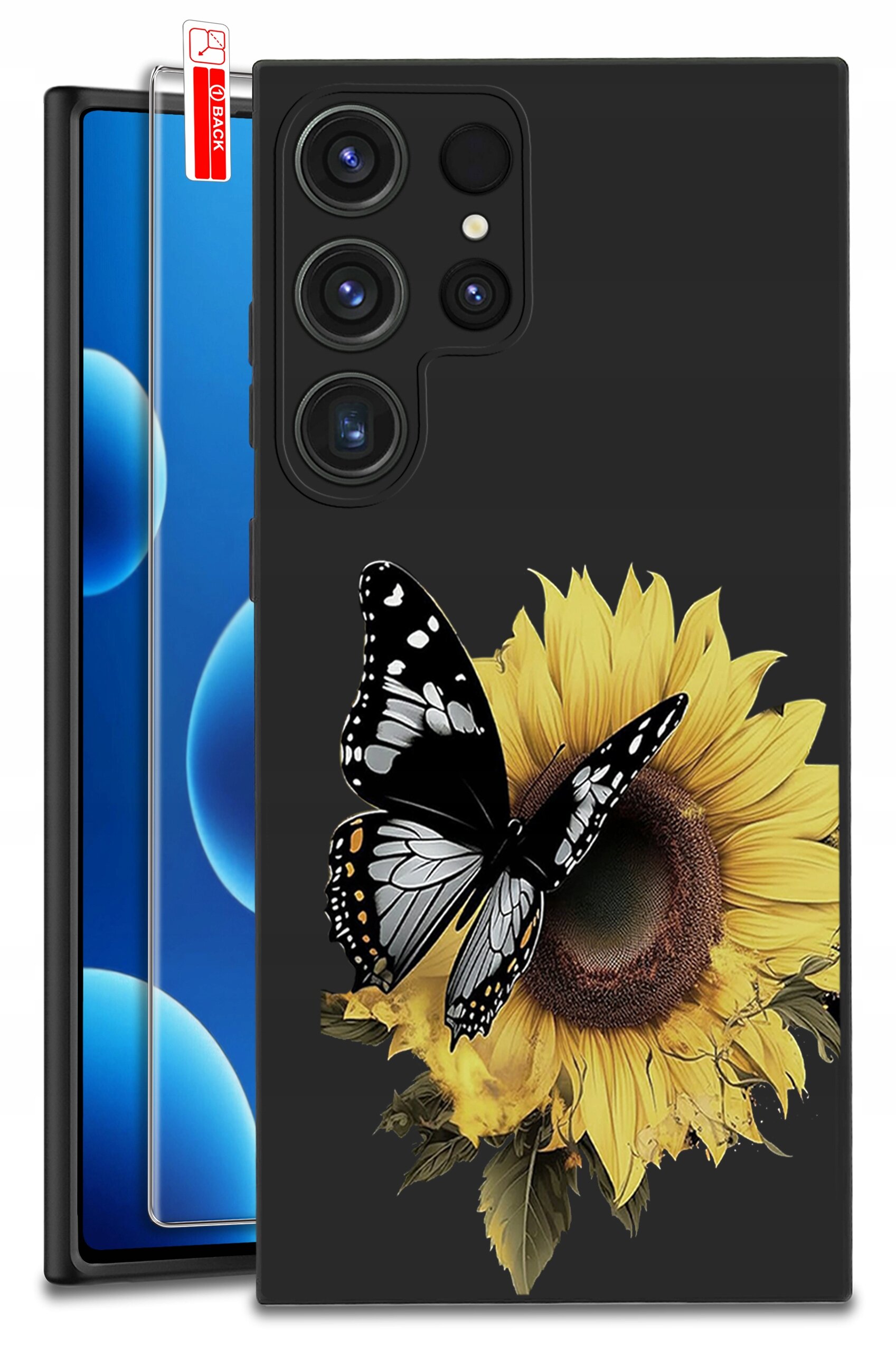 Czarne etui na telefon z nadrukiem słonecznika i motyla. Obok znajduje się szkło ochronne z napisem \'BACK\'.