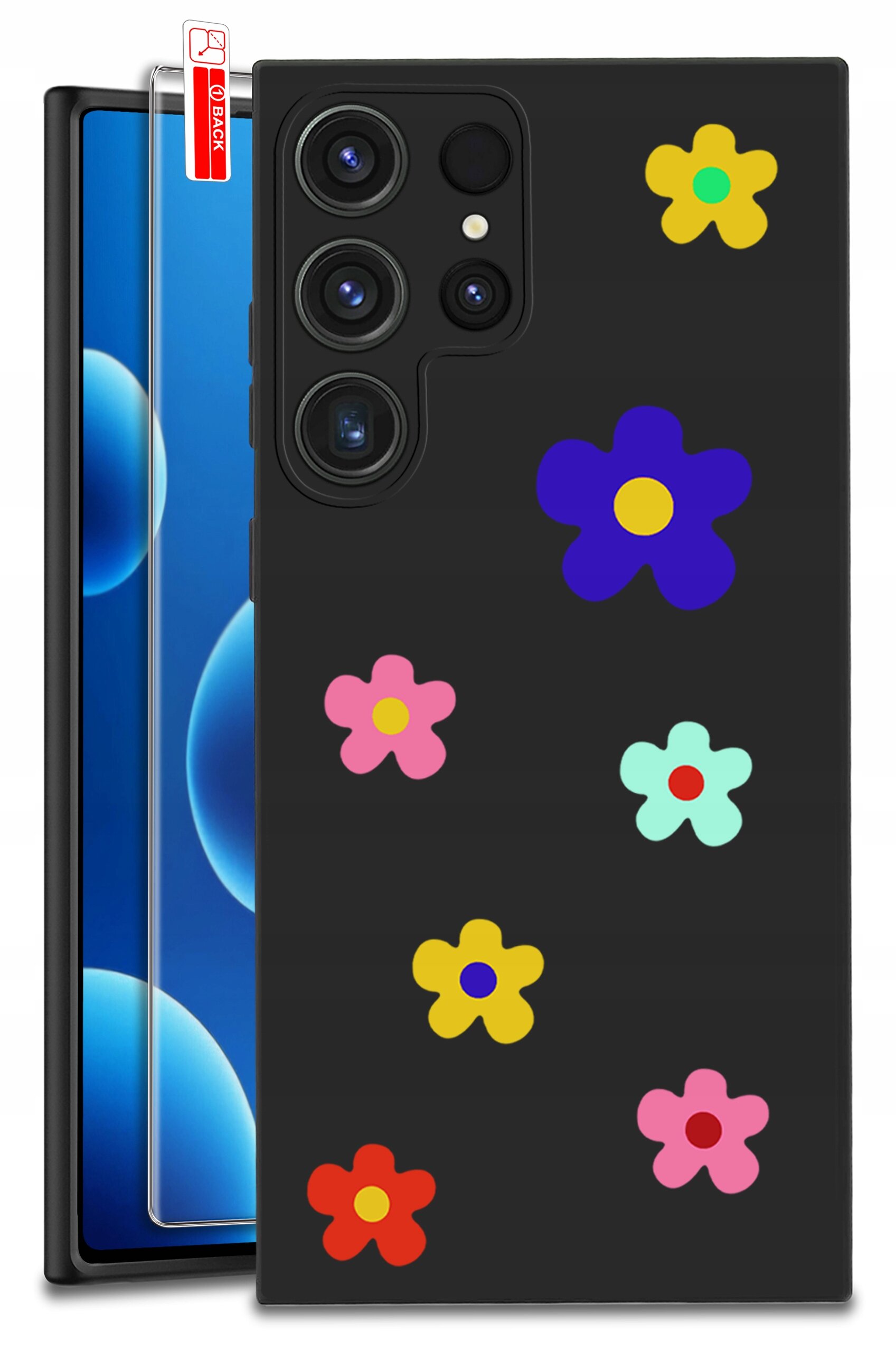 Czarne etui na telefon z kolorowymi kwiatkami w różnych kolorach, obok przezroczyste szkło ochronne z napisem \'BACK\'.