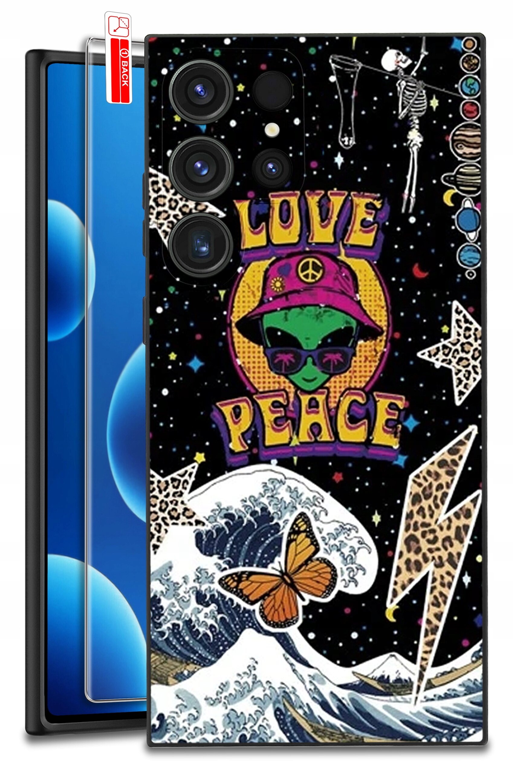 Etui na telefon z kolorowym wzorem przedstawiającym zieloną postać w kapeluszu z napisem \'LOVE PEACE\', otoczoną motywami kosmicznymi, falą i motylem. W tle widoczne są gwiazdy i planety.