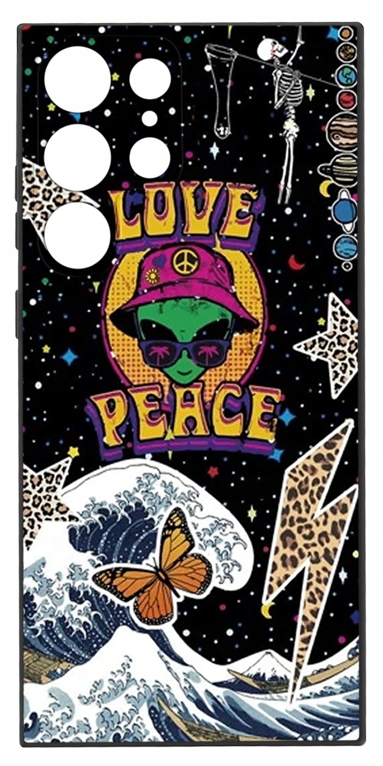 Etui na telefon z kolorowym wzorem przedstawiającym zieloną postać w kapeluszu z napisem \'LOVE PEACE\', motywem fali, motyla i gwiazd na tle czarnego nieba z gwiazdami.