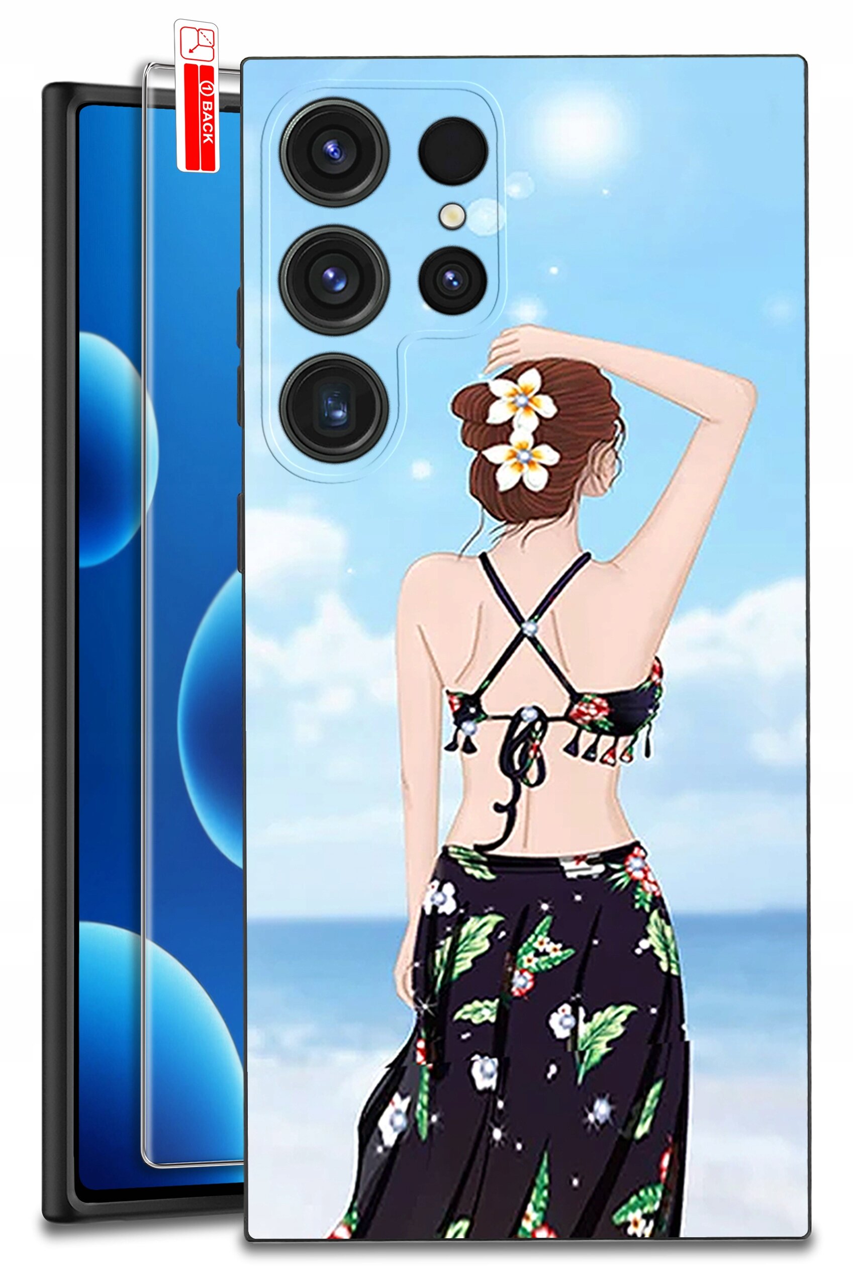 Etui na telefon z grafiką przedstawiającą kobietę w stroju plażowym na tle nieba i morza. Obok widoczna jest przezroczysta osłona ekranu z napisem \'BACK\'.