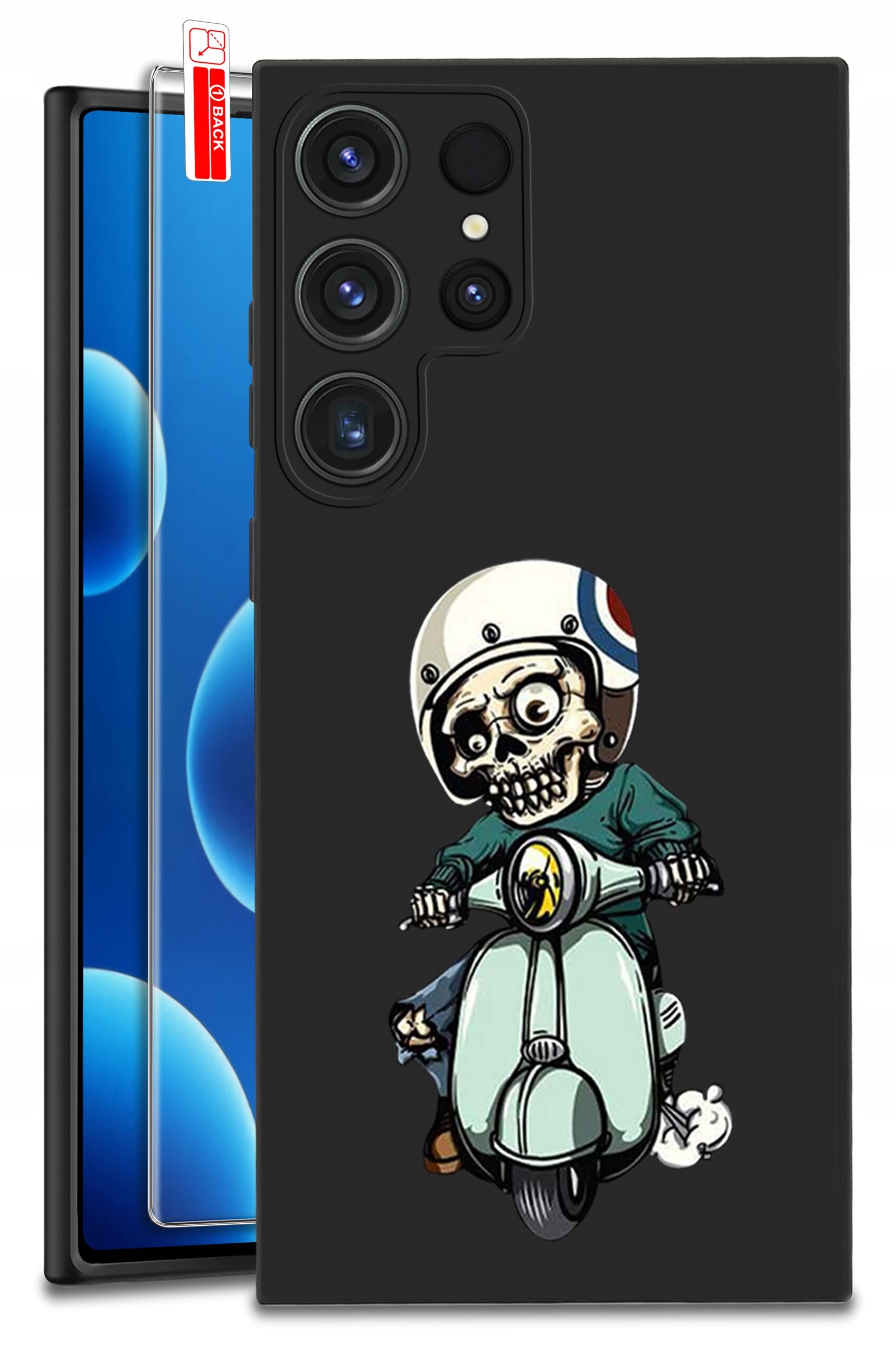 Czarne etui na telefon z nadrukiem postaci szkieletu na skuterze w kasku. Obok etui znajduje się szkło ochronne z etykietą \'BLACK\'.