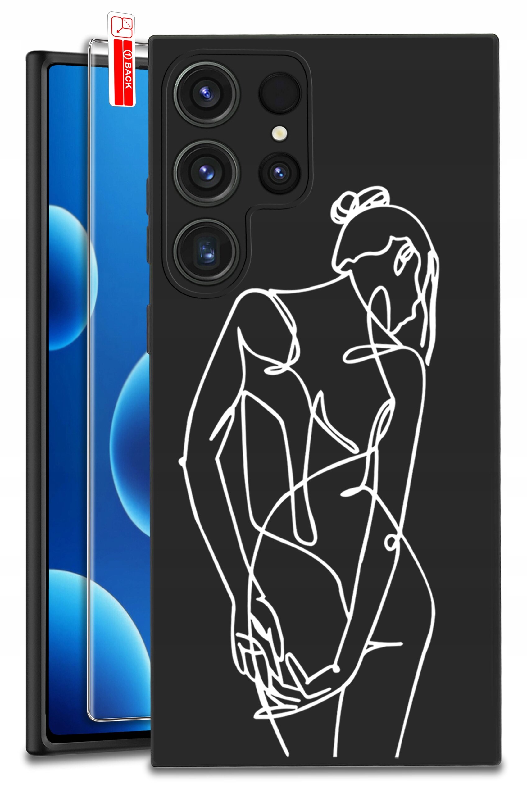 Czarne etui na telefon z białym, abstrakcyjnym rysunkiem postaci. Obok znajduje się szkło ochronne z etykietą \'BACK\'.