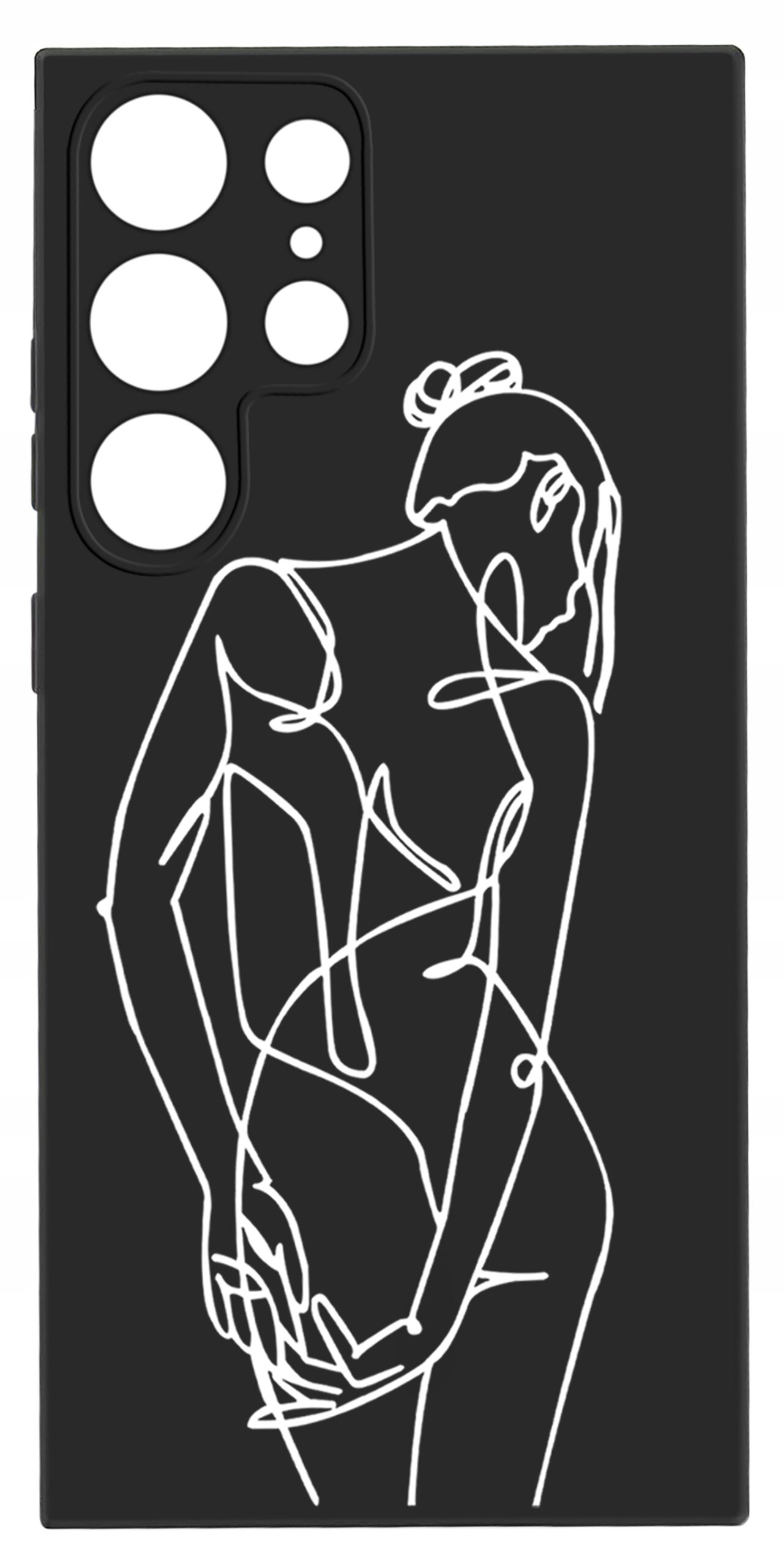 Czarne etui na telefon z białym, abstrakcyjnym rysunkiem sylwetki osoby. Etui posiada wycięcia na aparat i inne elementy telefonu.