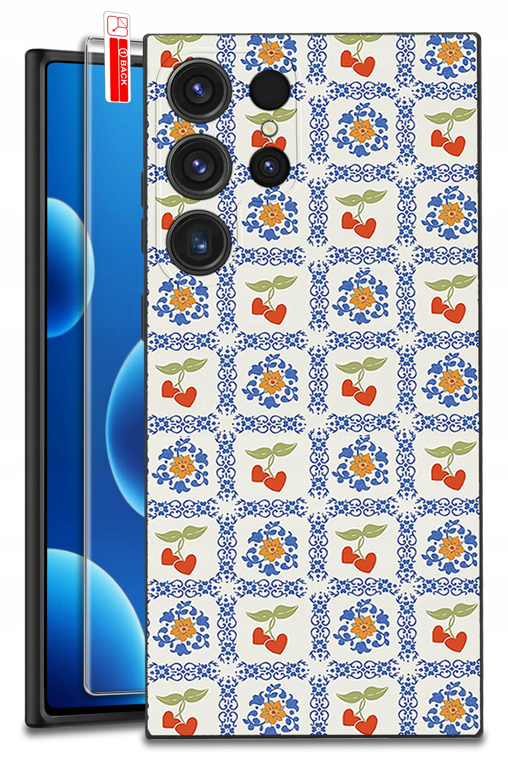 Etui na telefon z wzorem w niebieskie ornamenty, pomarańczowe kwiaty i czerwone wiśnie. Obok etui znajduje się szkło ochronne z napisem \'BLACK\'.