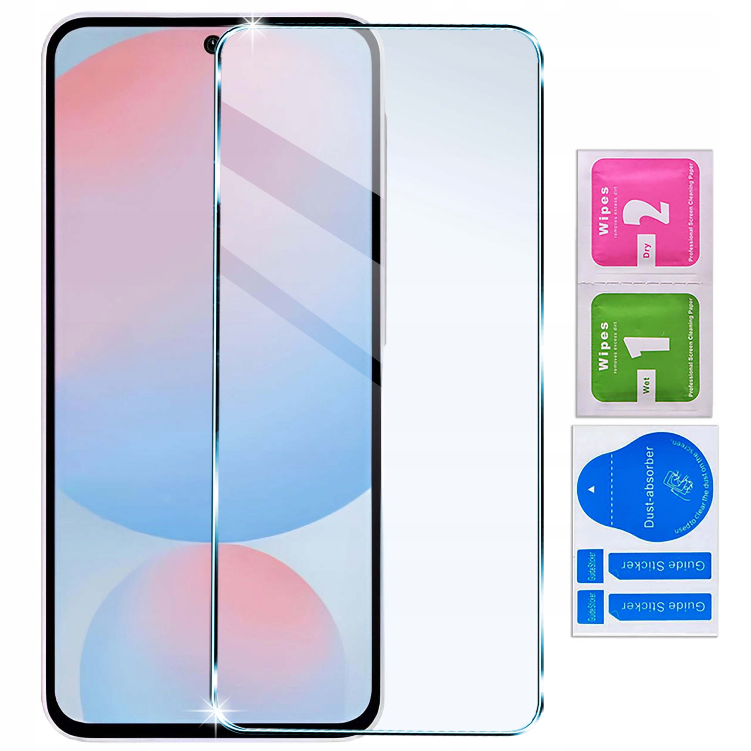 Obraz przedstawia telefon z nałożonym szkłem ochronnym oraz zestaw akcesoriów do montażu, w tym dwie ściereczki oznaczone jako \'Wipes 1 Wet\' i \'Wipes 2 Dry\', oraz naklejki \'Dust Absorber\' i \'Guide Sticker\'.