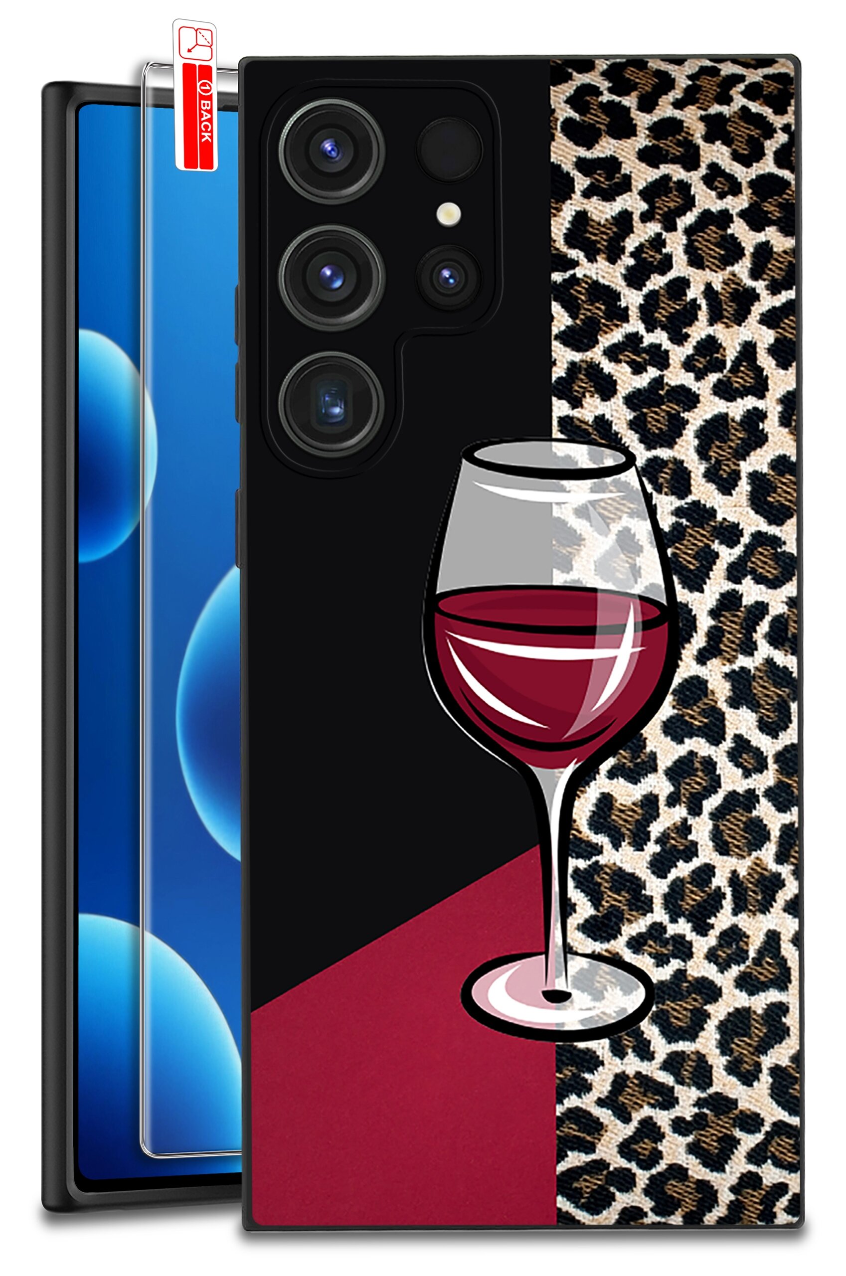 Etui na telefon z motywem kieliszka wina na tle w kolorach czarnym, bordowym i wzorze panterki. Obok etui znajduje się szkło ochronne z napisem \'BACK\'.