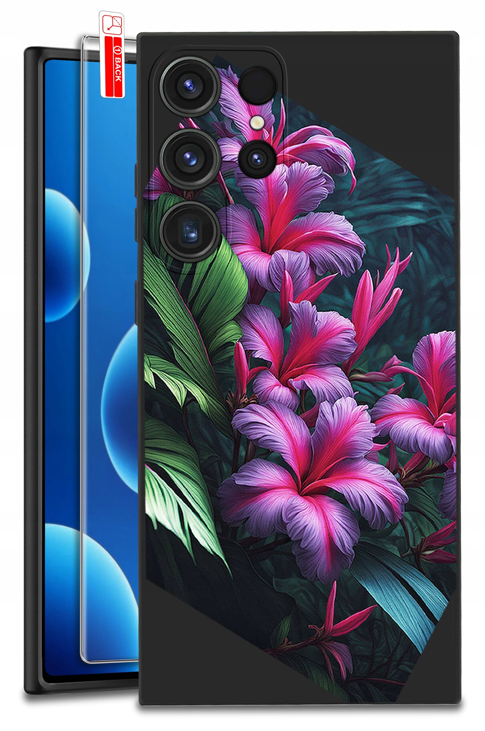 Etui na telefon z kolorowym wzorem kwiatów w odcieniach różu i fioletu na tle zielonych liści. Obok etui widoczne jest szkło ochronne z etykietą \'BACK\'.