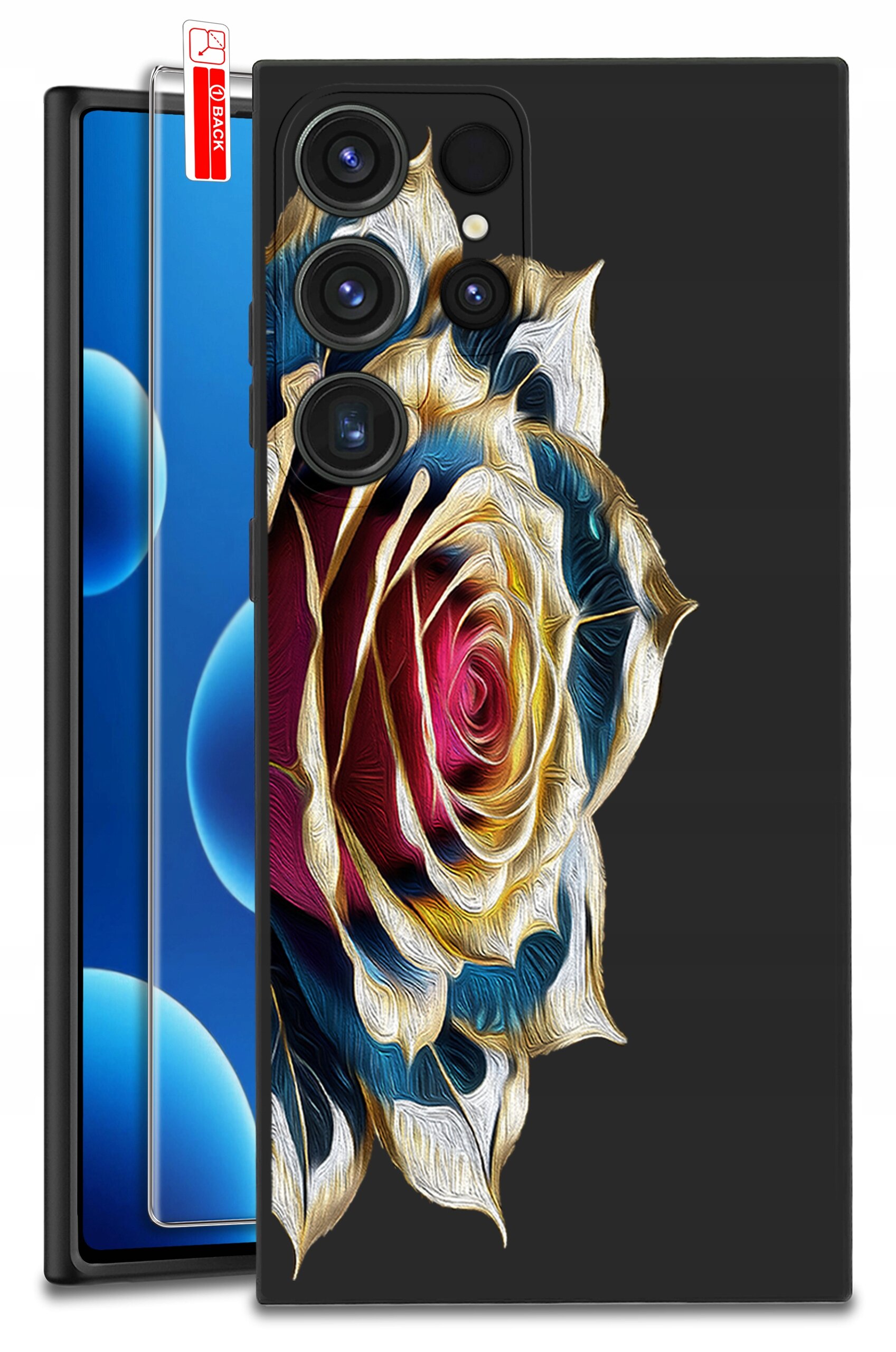 Etui na telefon z wzorem kolorowej róży na czarnym tle, z widocznymi wycięciami na aparat. Obok znajduje się szkło ochronne z etykietą \'BACK\'.