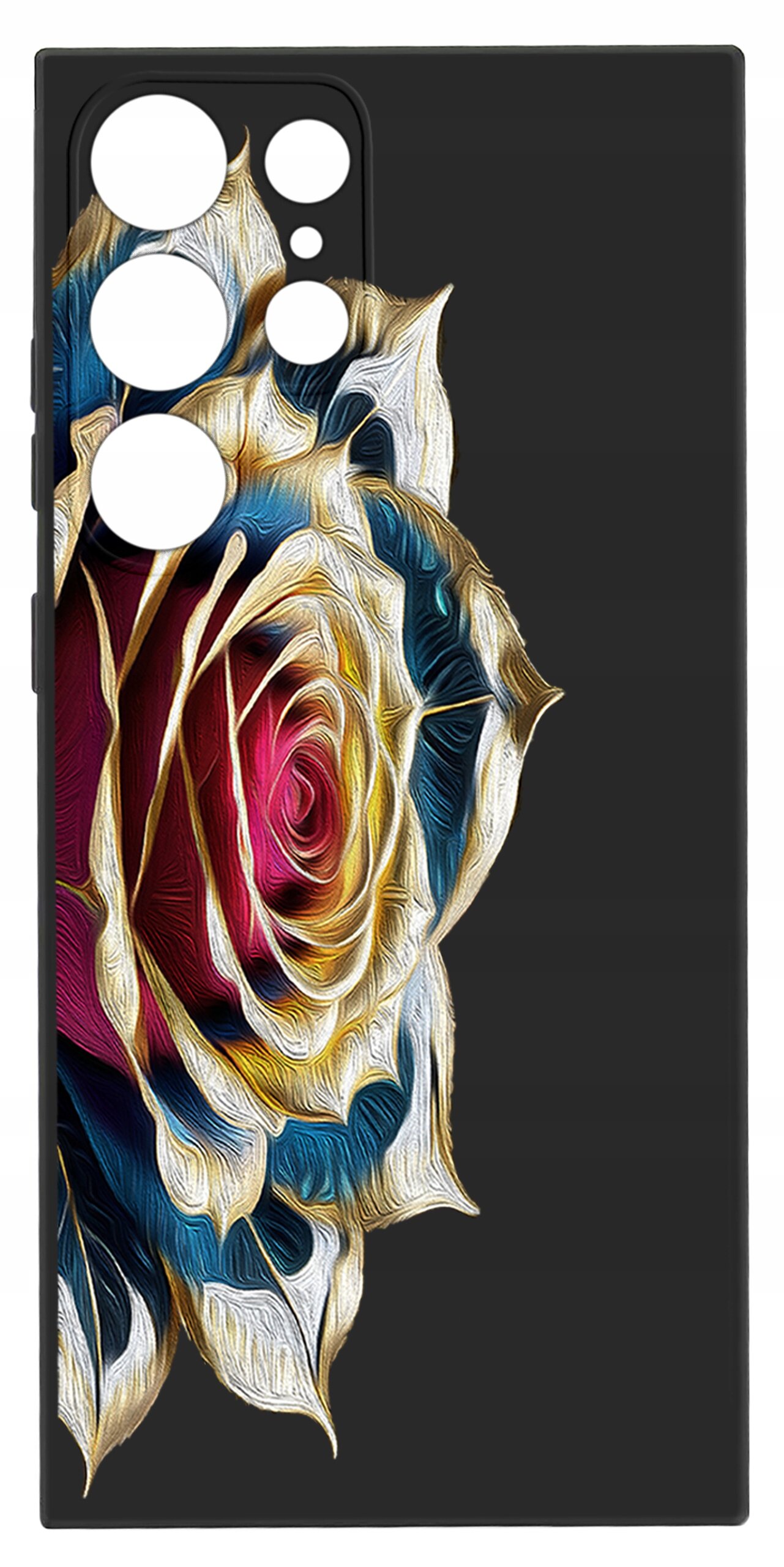 Etui na telefon z kolorowym wzorem róży na czarnym tle, z wycięciami na aparat i przyciski.