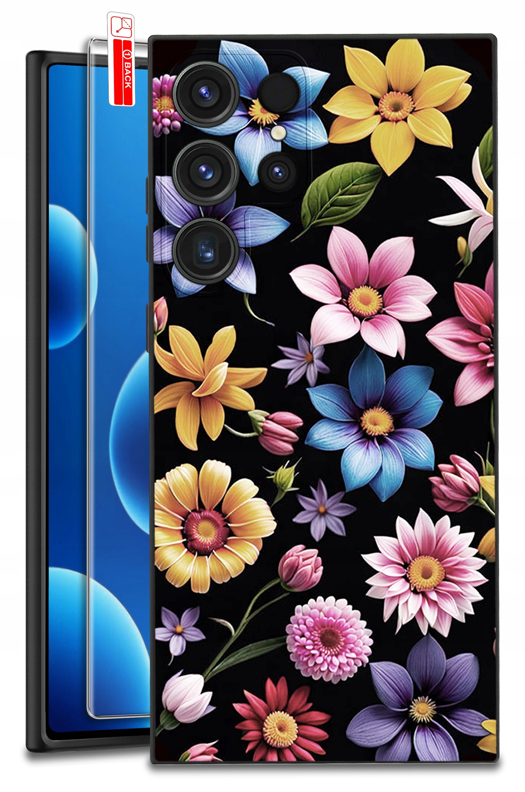 Etui na telefon z kolorowym wzorem kwiatów na czarnym tle, z widocznymi wycięciami na aparaty. Obok znajduje się szkło ochronne z napisem \'BACK\'.
