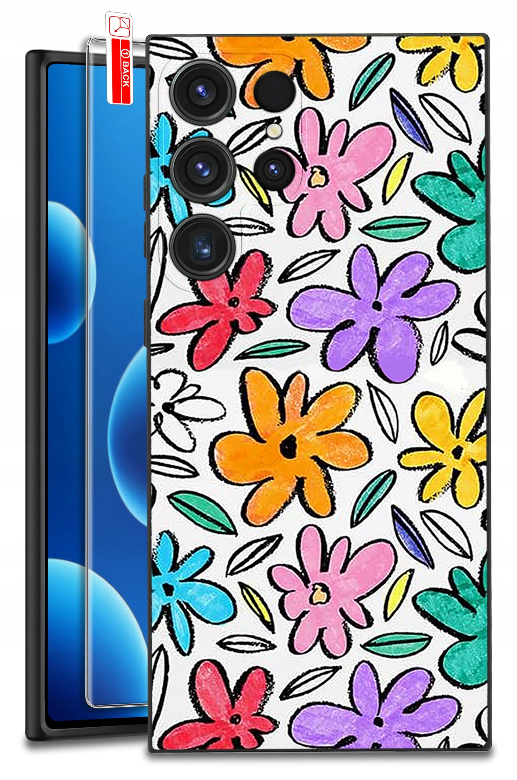 Etui na telefon z kolorowymi kwiatowymi wzorami w odcieniach różu, pomarańczu, fioletu, czerwieni i zieleni. Obok etui widoczne jest szkło ochronne z napisem \'BACK\'.