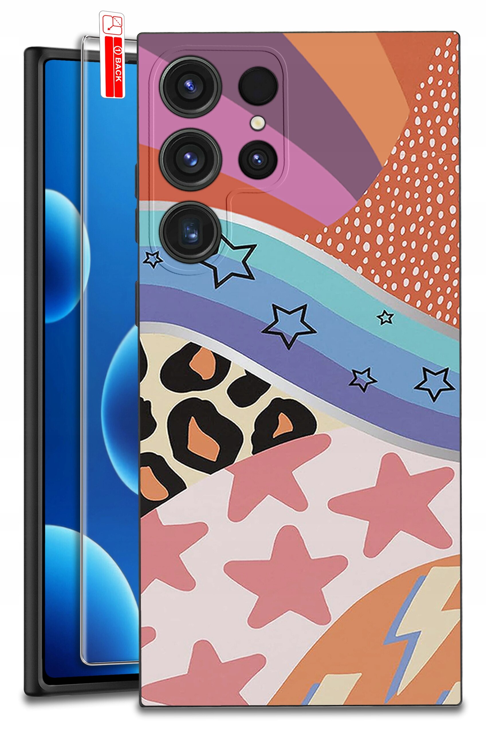 Etui na telefon z kolorowym wzorem w gwiazdy, paski i motywy zwierzęce. Obok etui znajduje się szkło ochronne z napisem \'BACK\'.