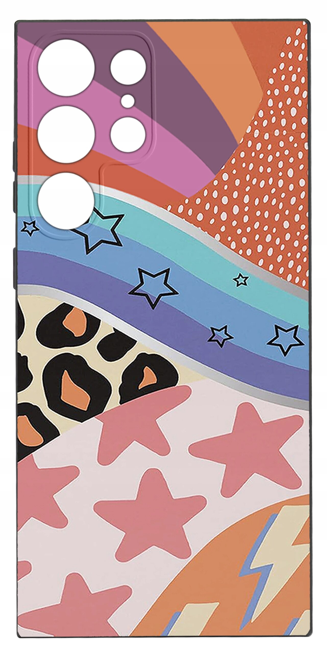 Etui na telefon z kolorowym wzorem, zawierającym gwiazdy, paski i kropki w różnych kolorach, takich jak pomarańczowy, niebieski i różowy. Wzór obejmuje również motywy przypominające cętki i błyskawice.