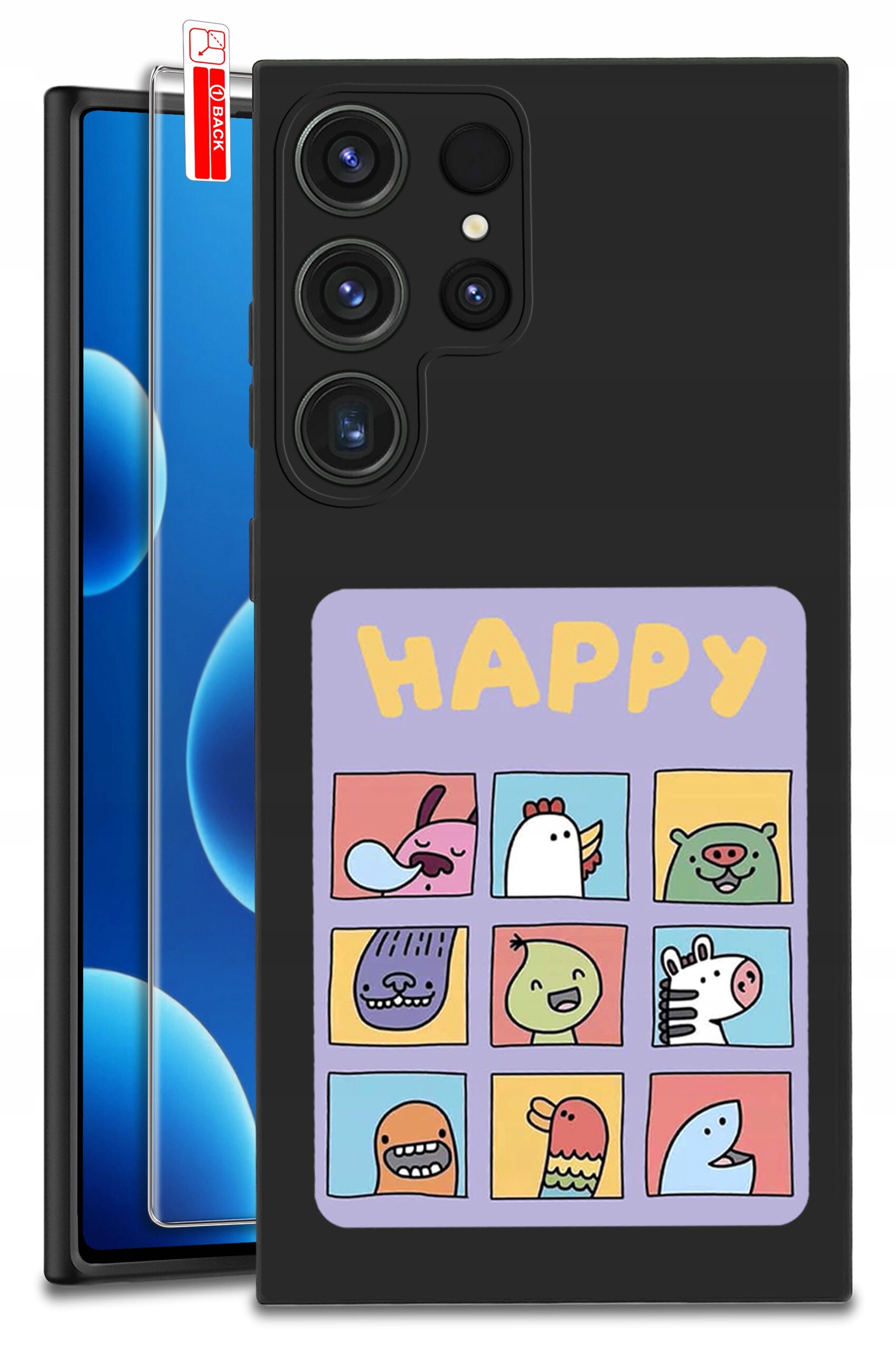 Czarne etui na telefon z kolorowym nadrukiem przedstawiającym dziewięć rysunkowych postaci zwierząt i napis \'HAPPY\'. Obok etui znajduje się szkło ochronne z oznaczeniem \'BACK\'.