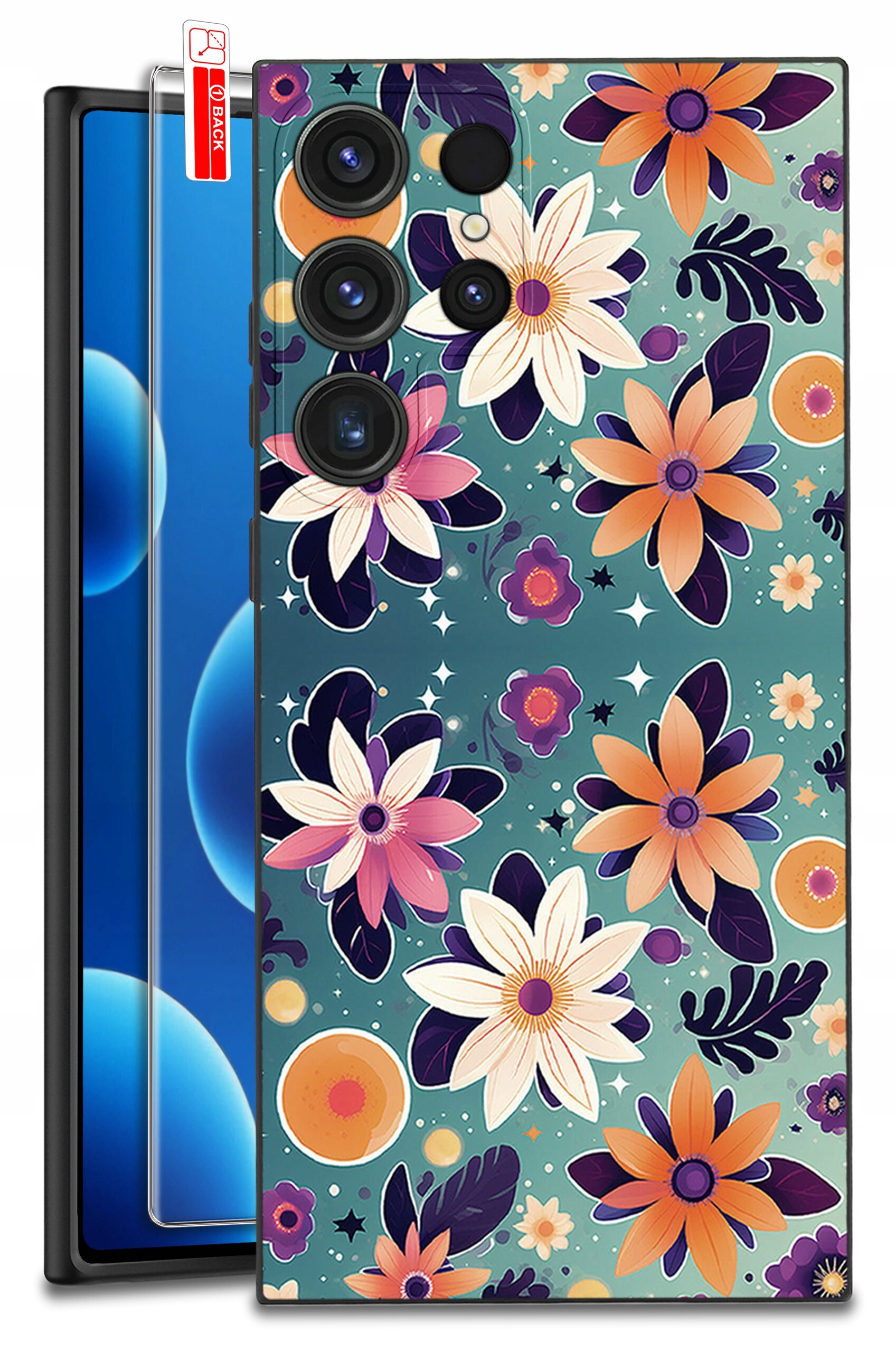 Etui na telefon z kolorowym wzorem kwiatowym na tle w odcieniach zieleni. Obok etui widoczne jest szkło ochronne z napisem \'BACK\'.