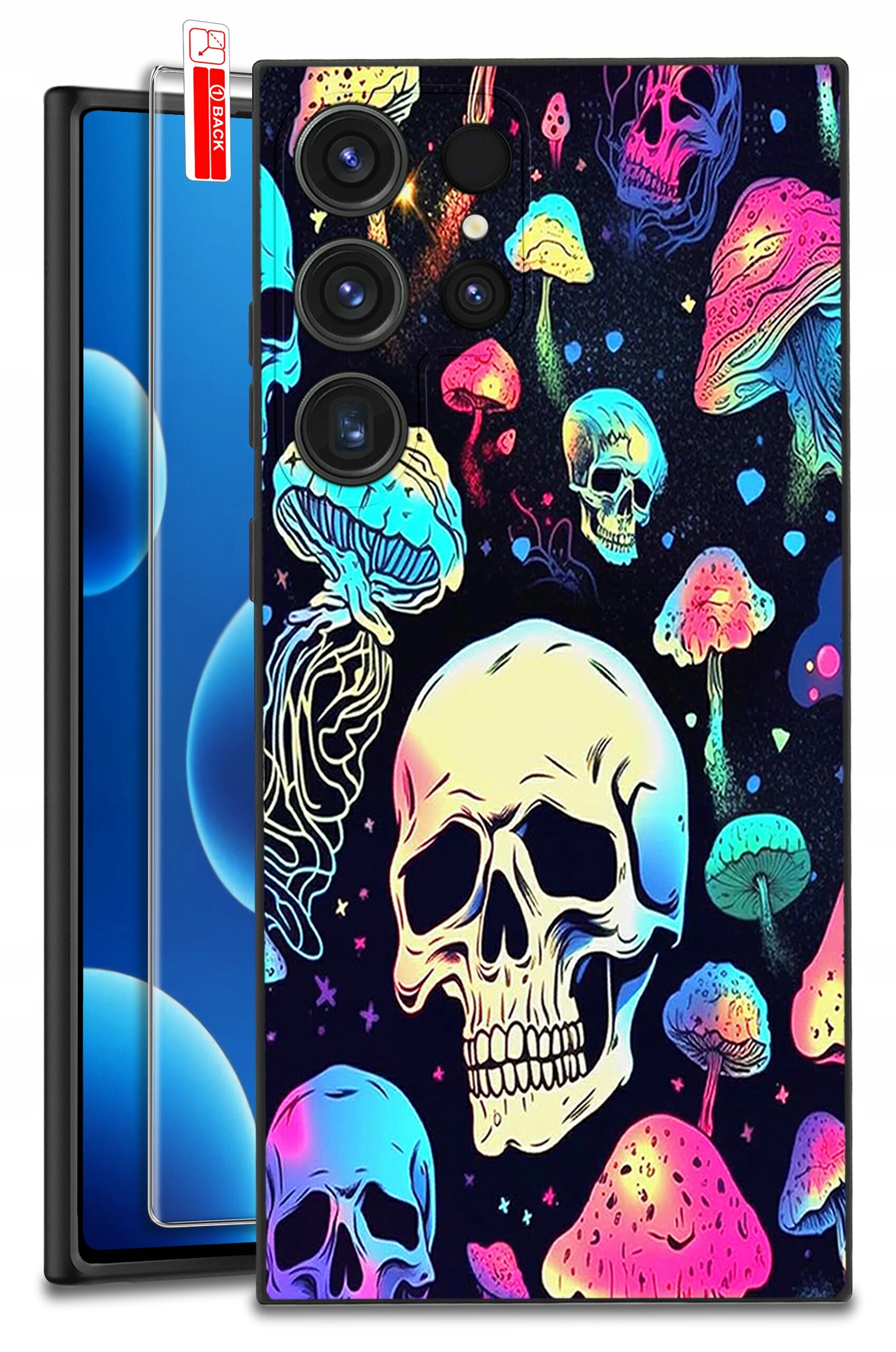 Etui na telefon z kolorowym wzorem czaszek i grzybów na ciemnym tle. Obok etui widoczne jest szkło ochronne z napisem \'BACK\'.
