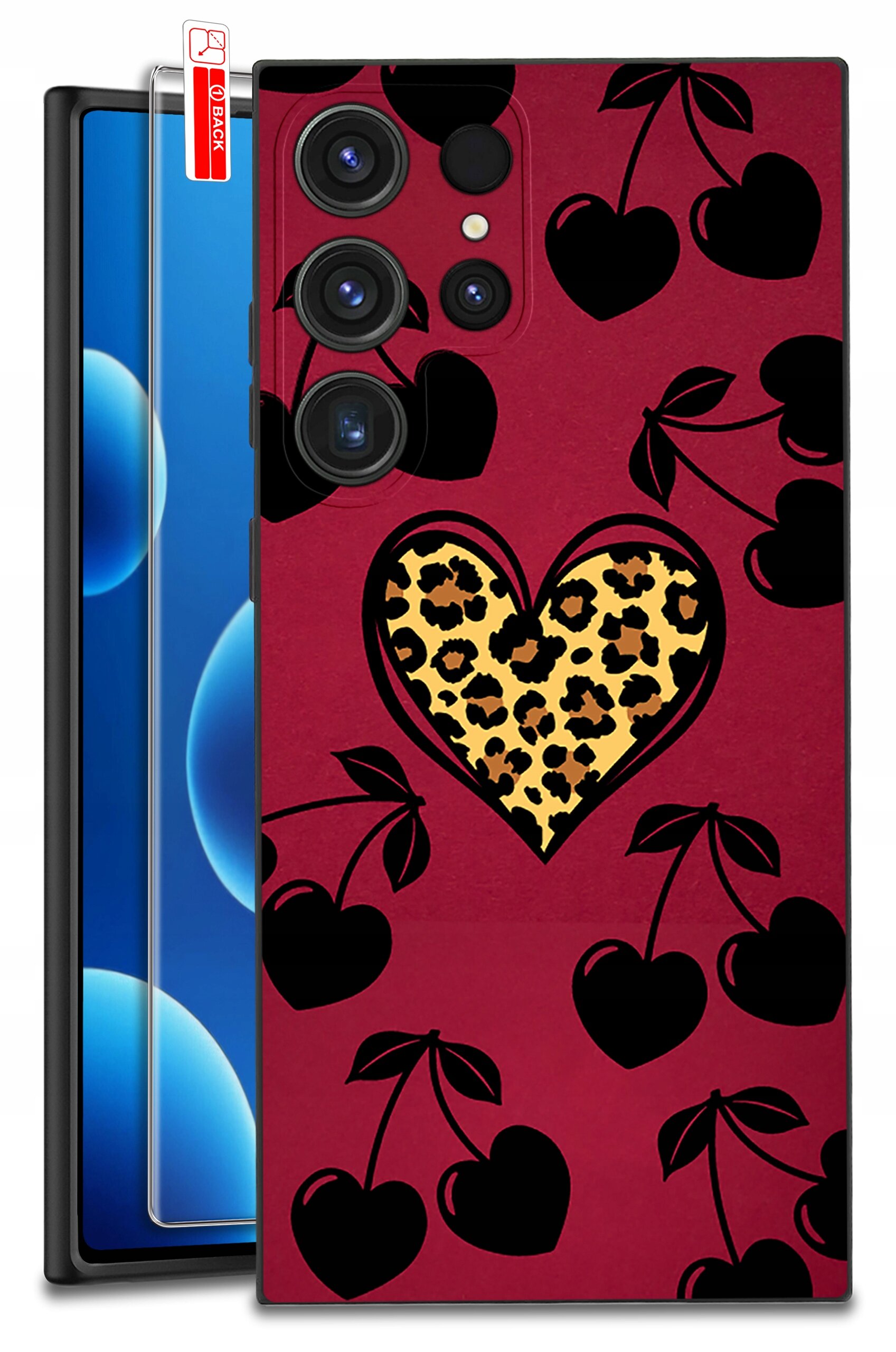 Etui na telefon z motywem czarnych serc i wiśni na czerwonym tle oraz centralnym sercem w panterkę. Obok etui widoczne jest szkło ochronne z napisem \'BACK\'.