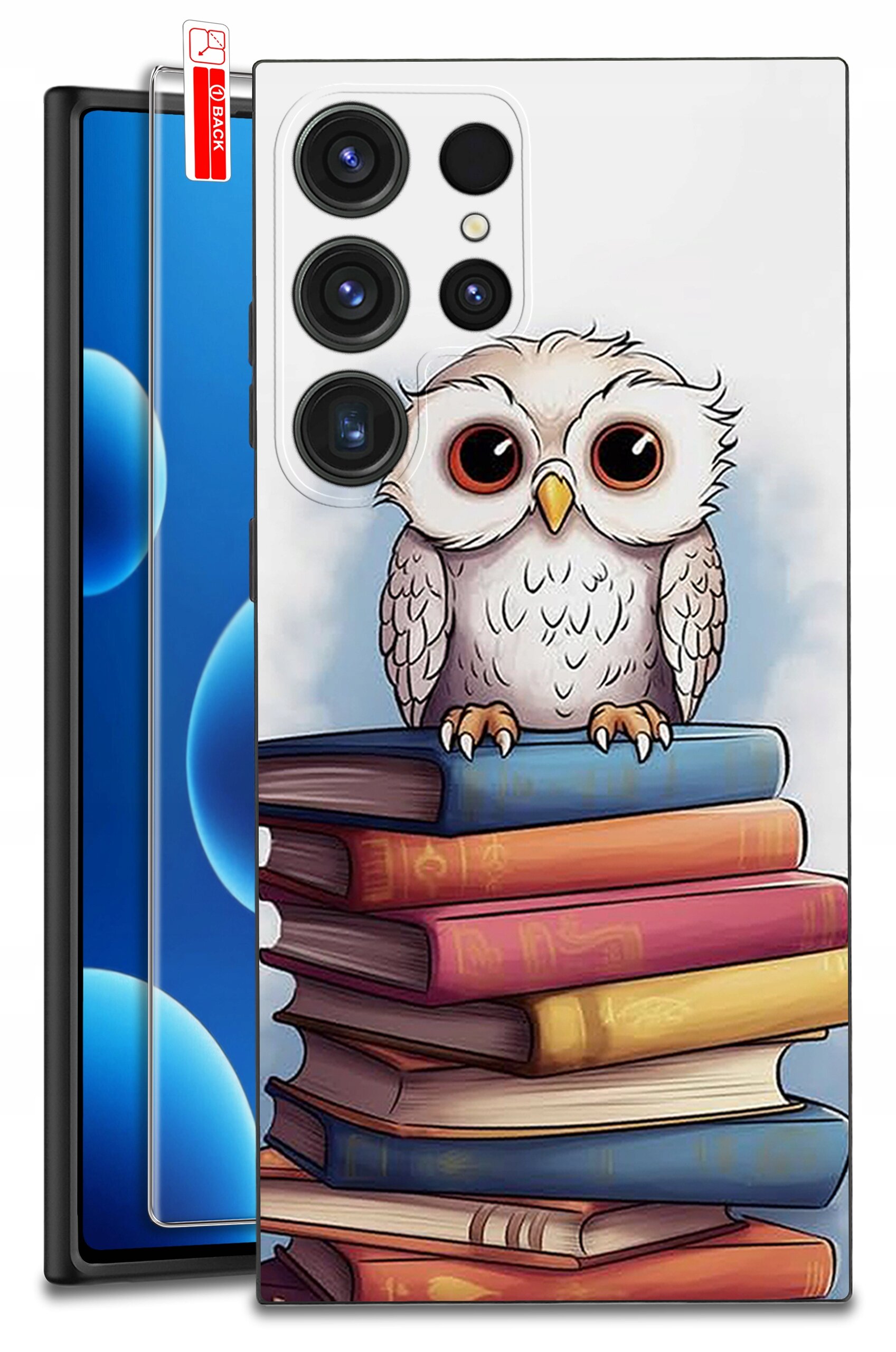 Etui na telefon z nadrukiem sowy siedzącej na stosie książek. Obok widoczna jest przezroczysta osłona ekranu z napisem \'BACK\'.