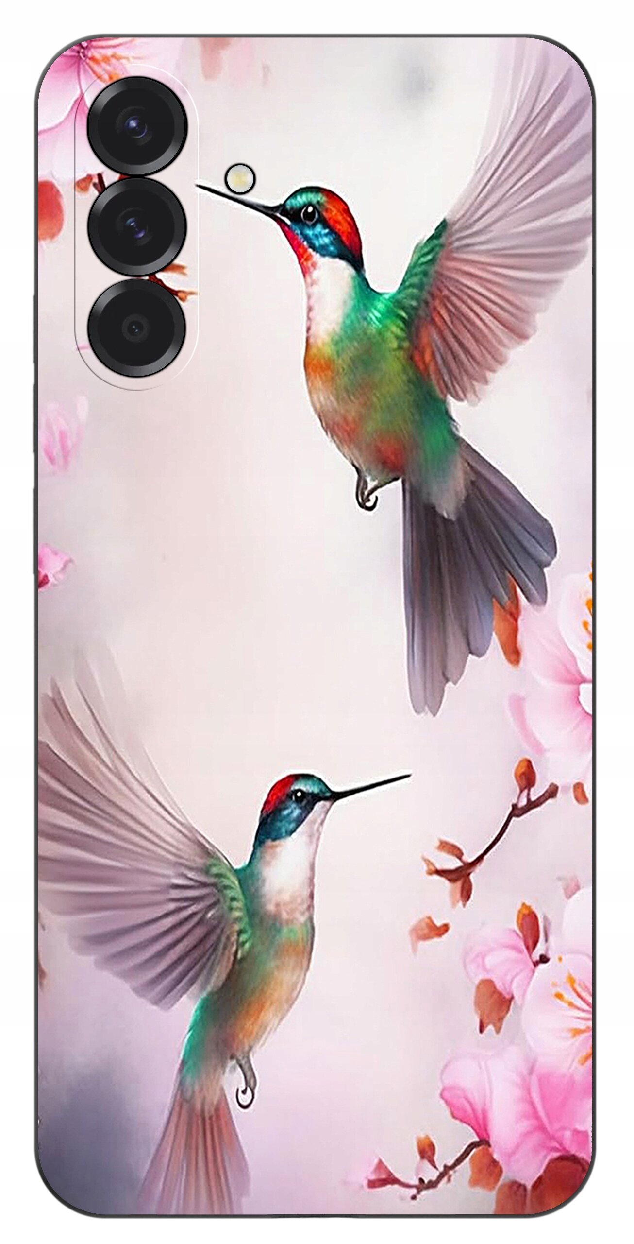Etui na telefon z kolorowym wzorem przedstawiającym dwa kolibry wśród różowych kwiatów. Widać trzy otwory na aparaty fotograficzne.