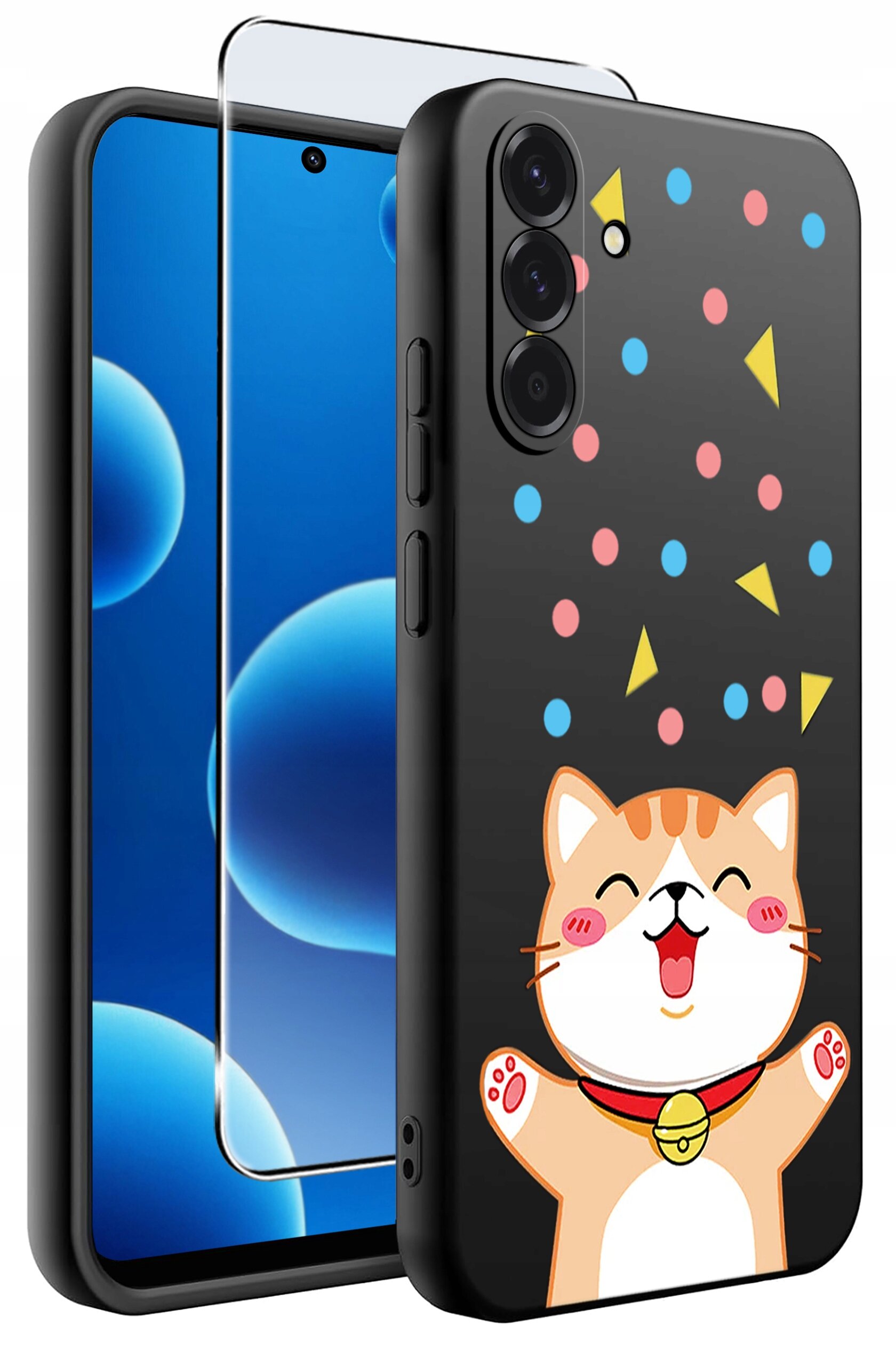Etui na telefon z rysunkiem uśmiechniętego kota oraz kolorowymi kropkami i trójkątami na czarnym tle. Obok znajduje się szkło ochronne na ekran.