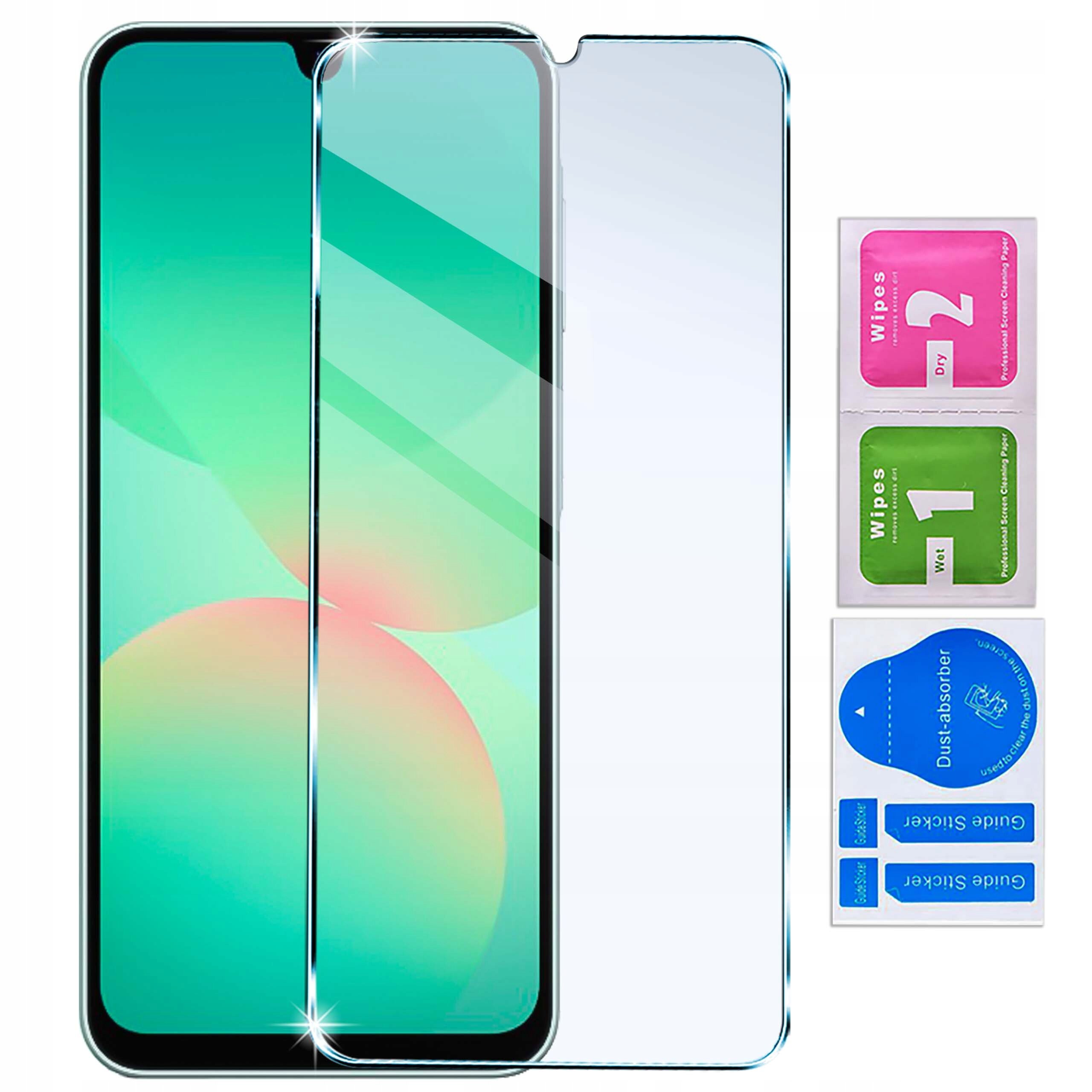Obraz przedstawia telefon z nałożonym szkłem ochronnym oraz zestawem akcesoriów do czyszczenia ekranu. Widoczne są trzy saszetki oznaczone jako \'Wipes 1 Wet\', \'Wipes 2 Dry\' oraz \'Dust absorber\'.