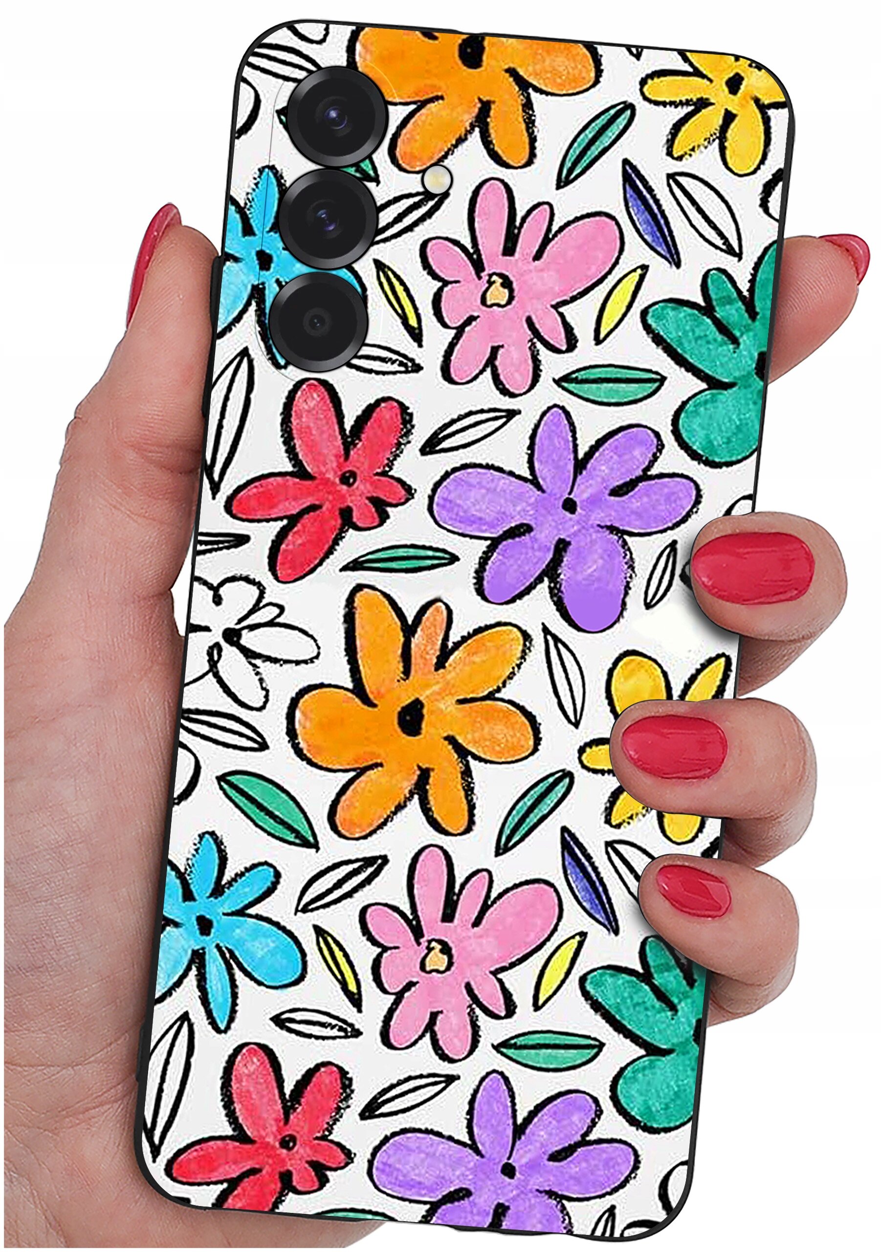 Etui na telefon z kolorowym wzorem kwiatów w odcieniach pomarańczowego, różowego, fioletowego, czerwonego i niebieskiego, trzymane w dłoni. W tle widoczne są liście w kolorze zielonym i czarnym konturze.