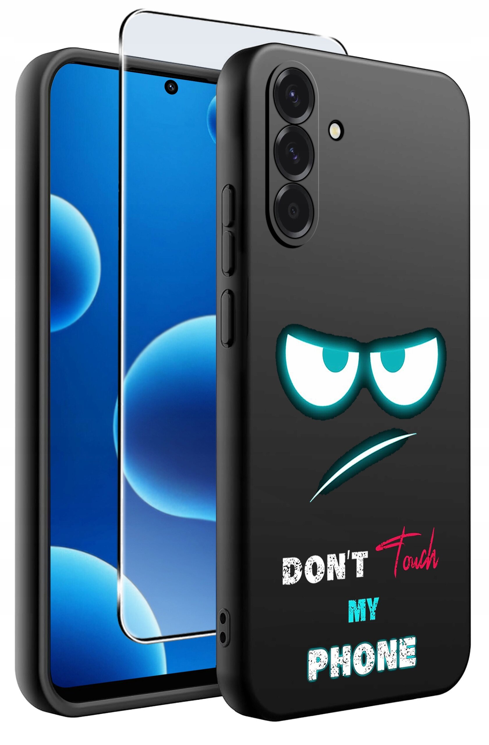 Czarne etui na telefon z nadrukiem przedstawiającym zarys oczu i ust oraz napisem \'DON\'T Touch MY PHONE\'. Obok etui znajduje się szkło ochronne na ekran.