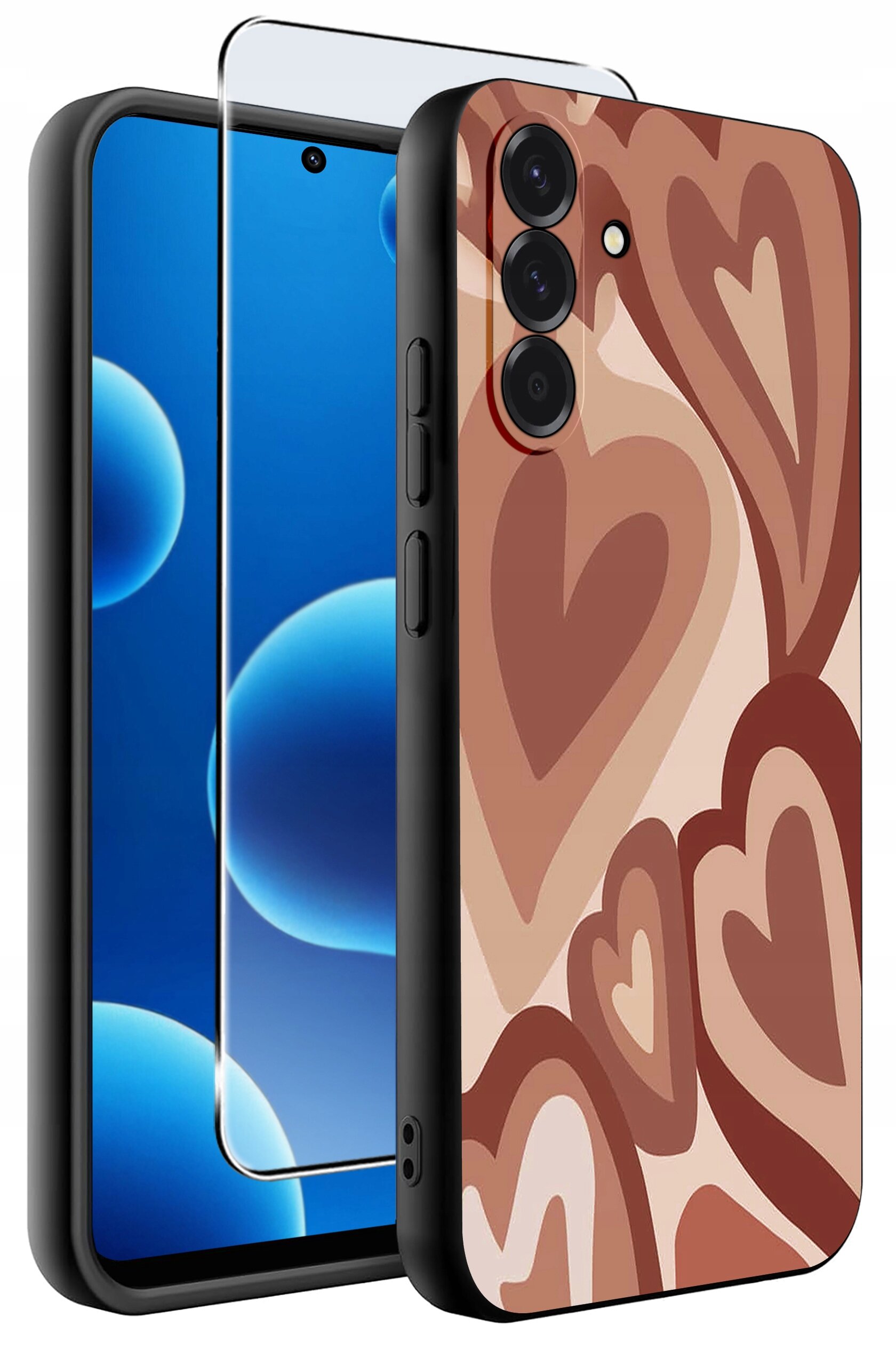 Etui na telefon z wzorem serc w odcieniach brązu, obok znajduje się szkło ochronne na ekran. Etui ma wycięcia na aparat i przyciski boczne.