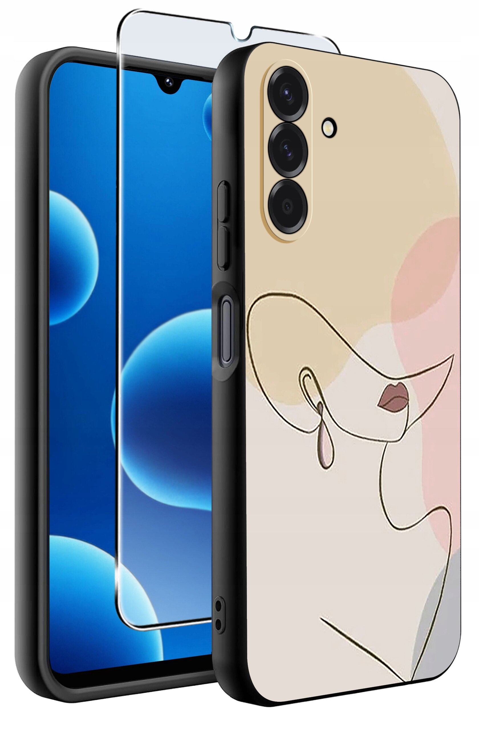 Obraz przedstawia silikonowe etui na telefon z abstrakcyjnym wzorem twarzy oraz szkło ochronne. Etui ma matowe wykończenie i jest przeznaczone do modelu Samsung A26 5G.