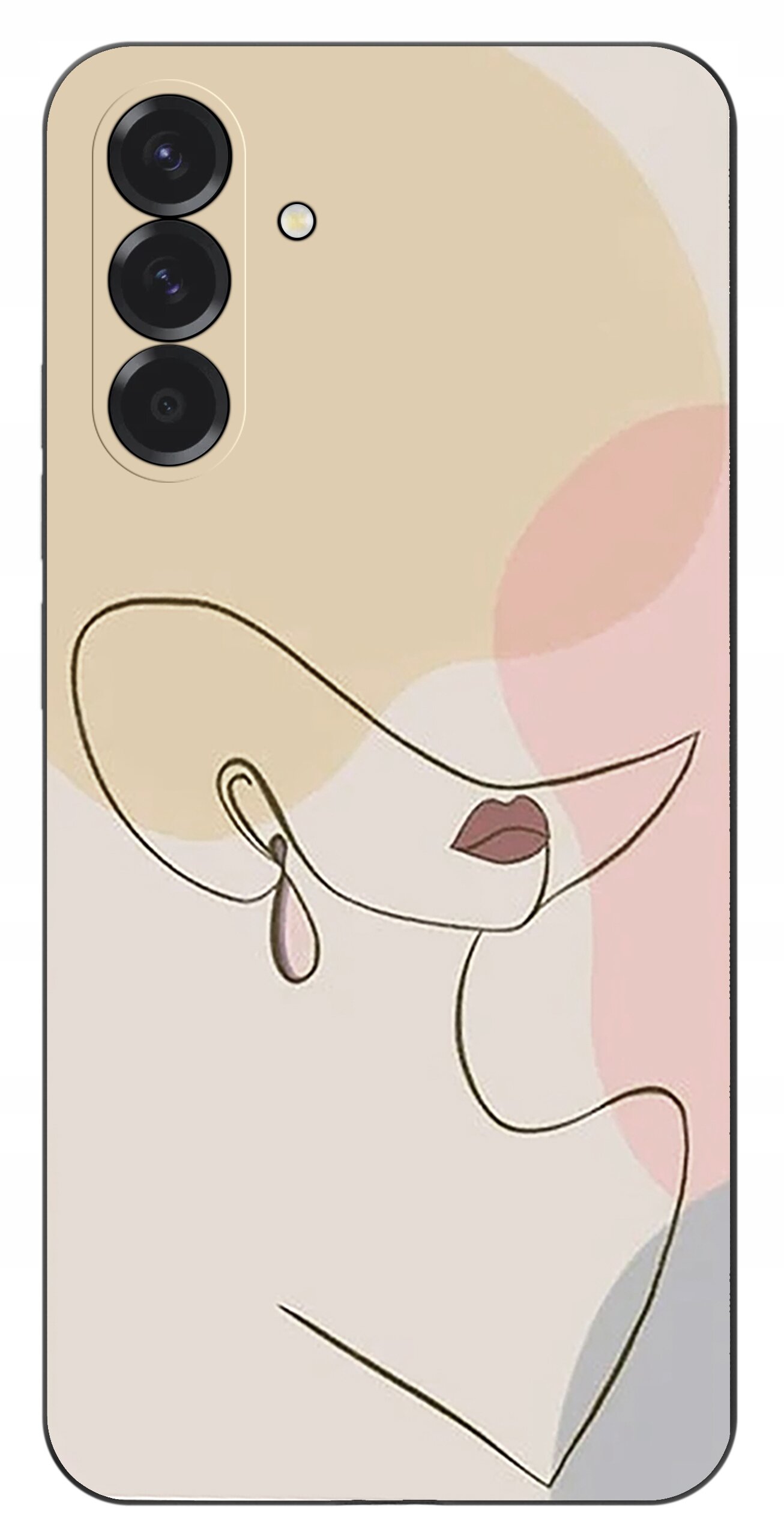 Etui na telefon z abstrakcyjnym wzorem przedstawiającym twarz w minimalistycznym stylu, z pastelowymi kolorami w tle. Widoczne są trzy otwory na aparaty i jeden na lampę błyskową.