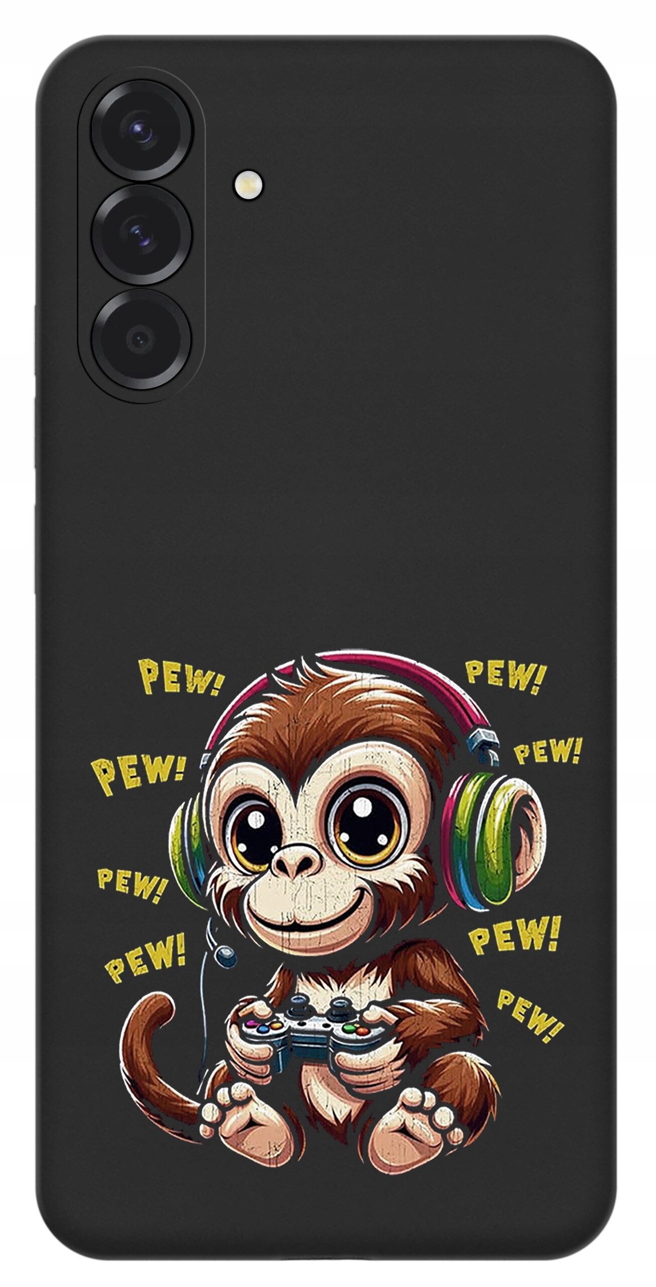 Czarne etui z nadrukiem małpki w słuchawkach trzymającej kontroler do gier, otoczonej napisami \'PEW!\'.
