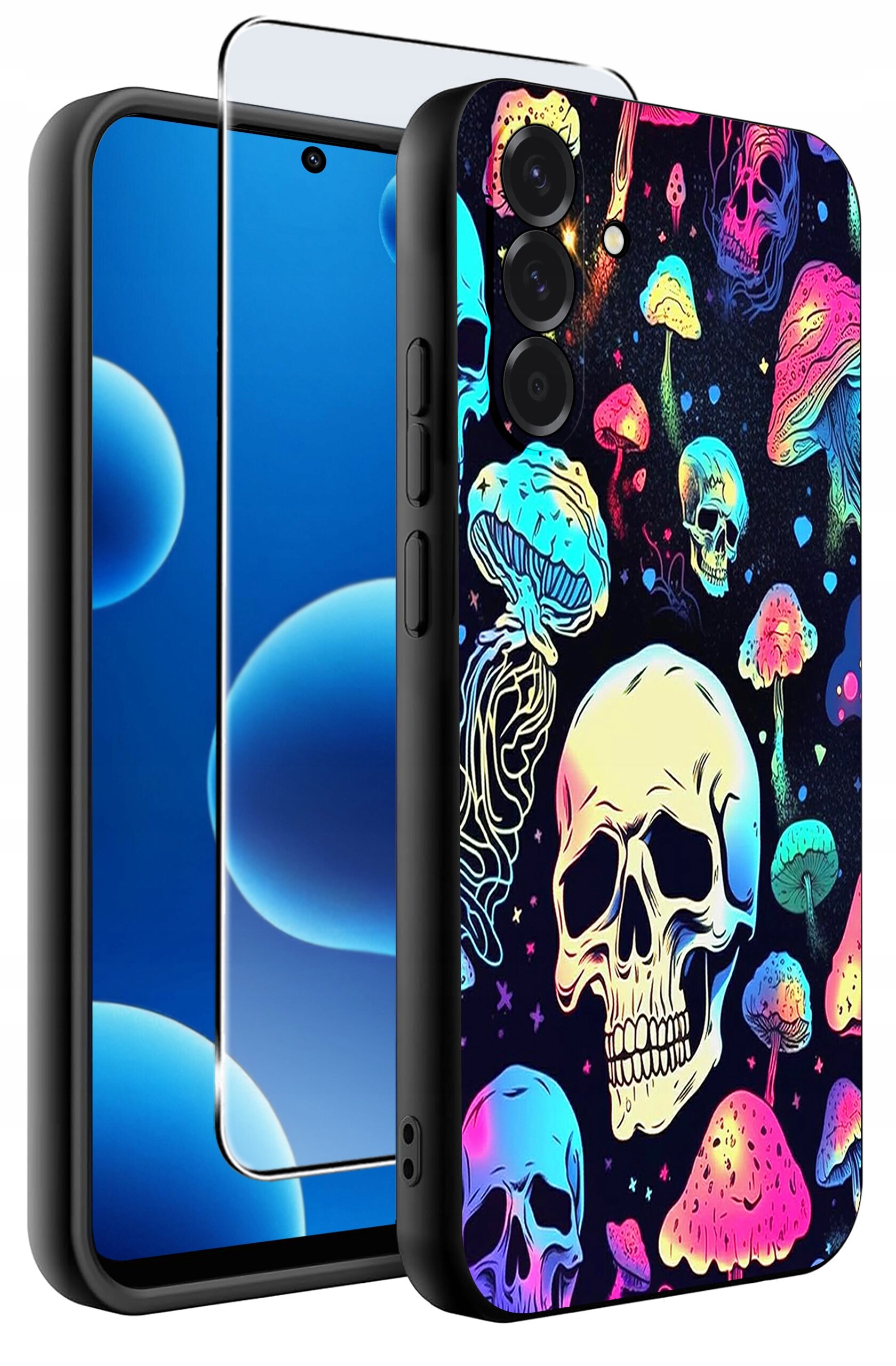 Etui na telefon z kolorowym wzorem czaszek i grzybów, wykonane z matowego silikonu. Obok etui znajduje się szkło ochronne na ekran.