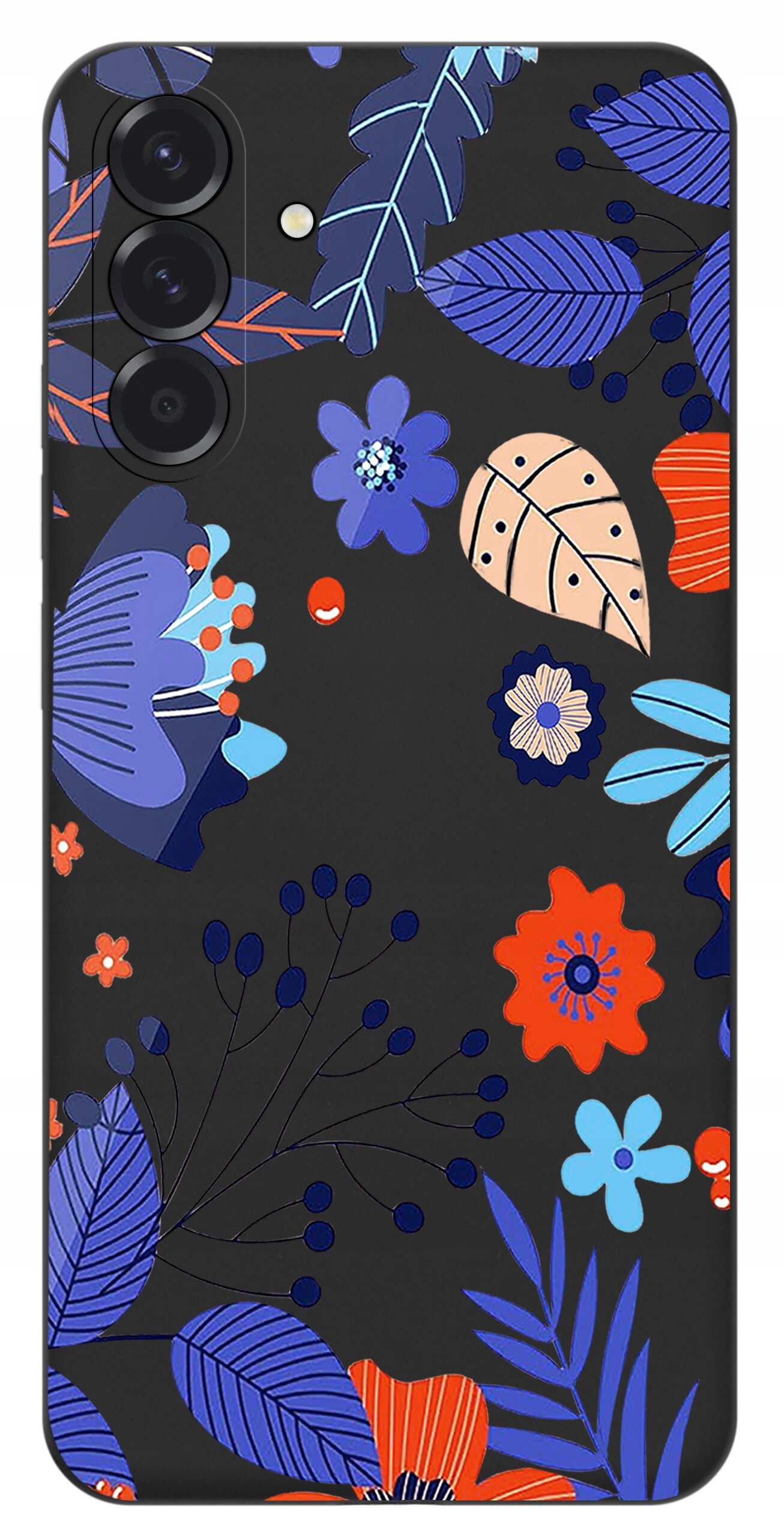 Etui na telefon z kolorowym wzorem roślinnym, w tym liście i kwiaty w odcieniach niebieskiego, pomarańczowego i fioletowego na ciemnym tle. Widoczne są trzy otwory na aparaty fotograficzne.