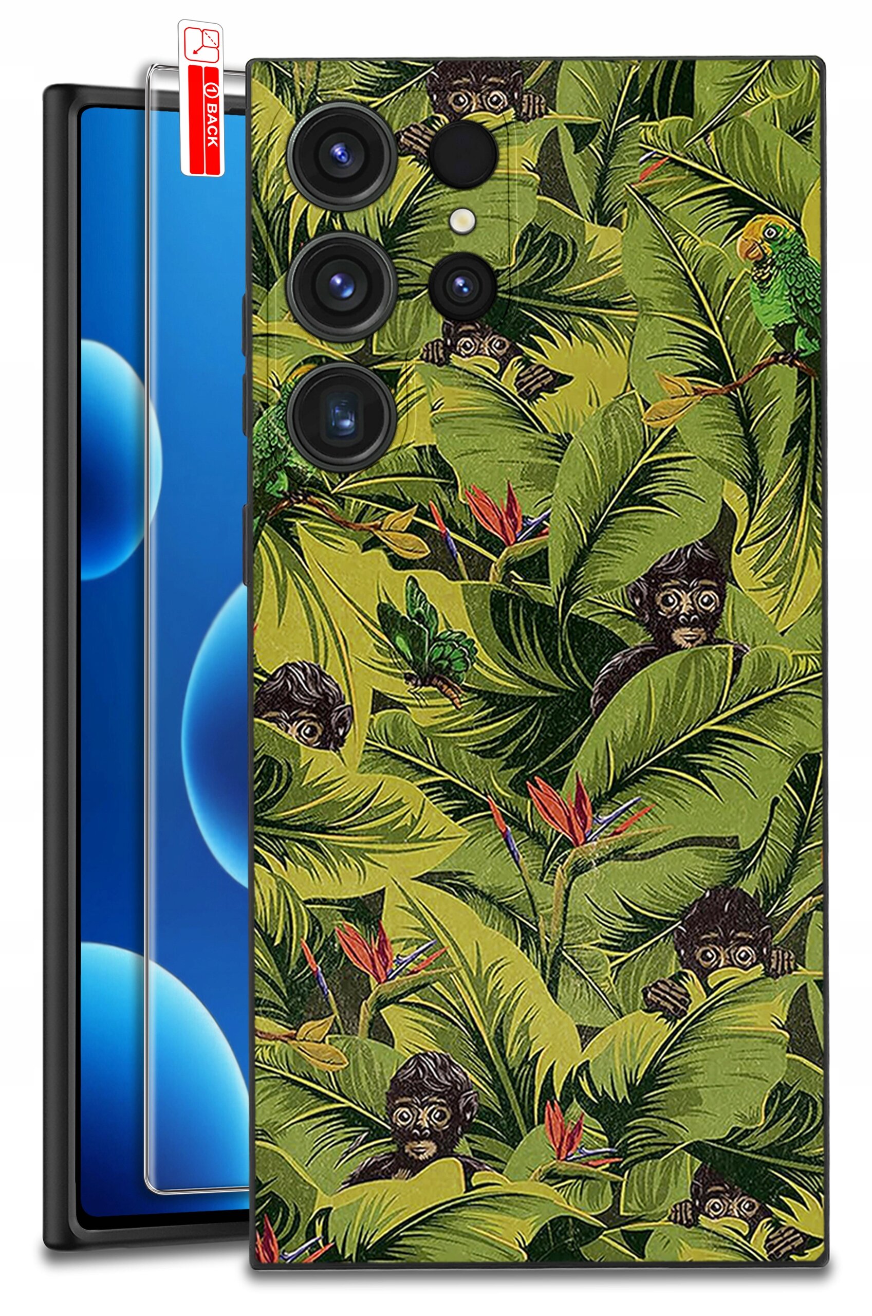 Etui na telefon z motywem tropikalnym, przedstawiające zielone liście, małpy i papugi. Obok etui widoczne jest szkło ochronne z napisem \'BLACK\'.