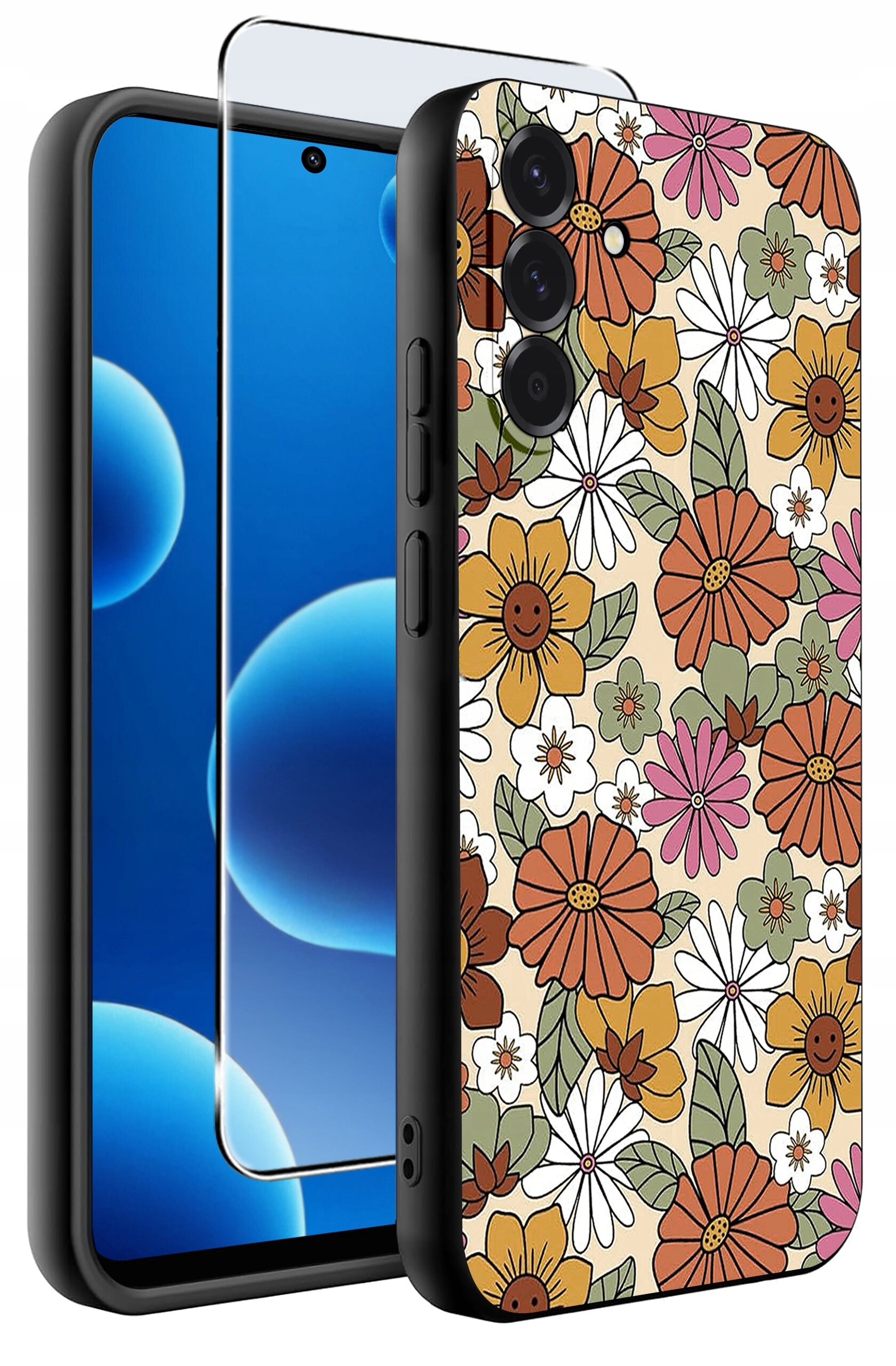 Etui na telefon z kolorowym wzorem kwiatów oraz przezroczyste szkło ochronne. Etui ma trzy otwory na aparaty i boczne przyciski.