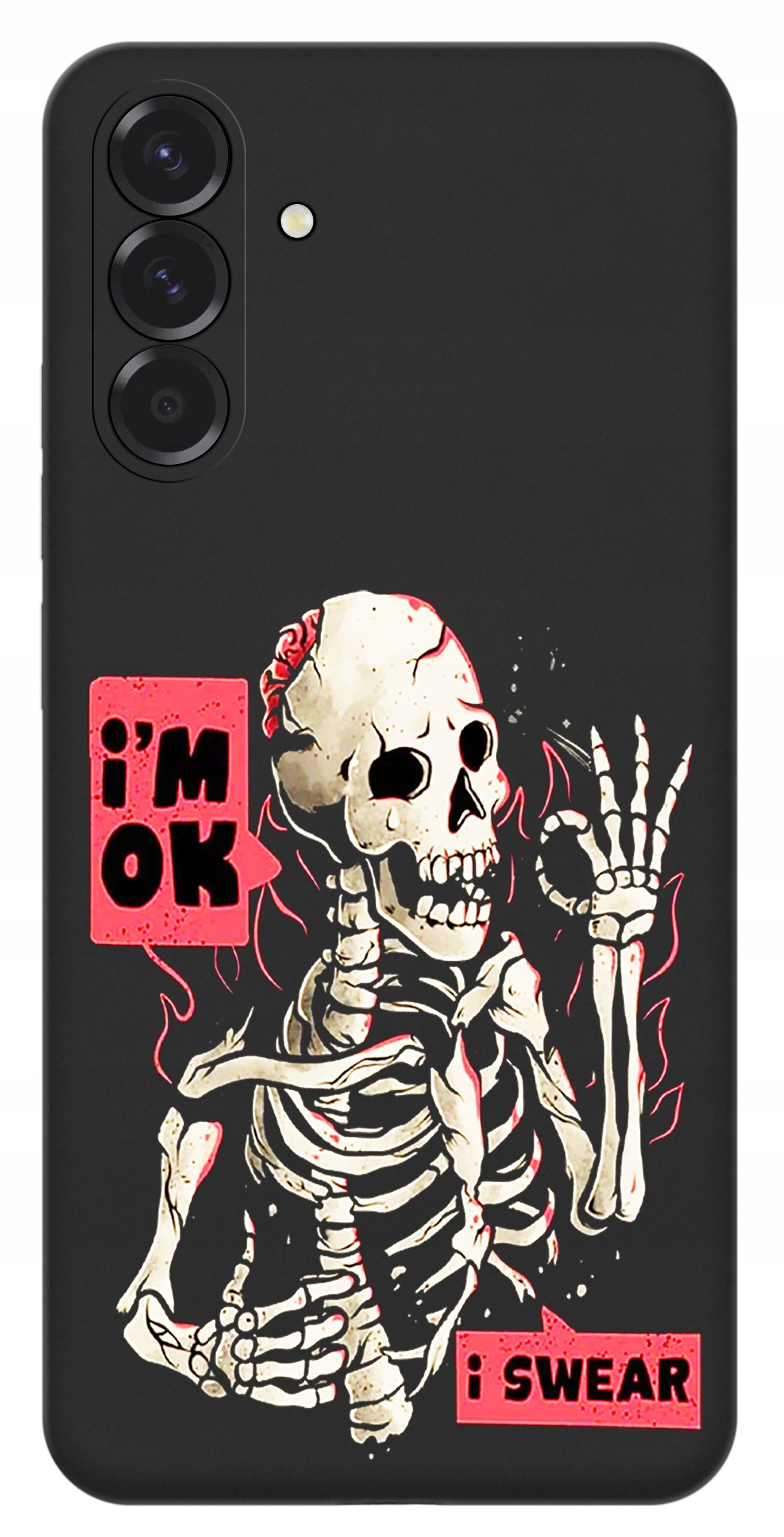 Czarne etui z nadrukiem szkieletu trzymającego rękę w geście OK, z napisami \'i\'m OK\' i \'i SWEAR\'.