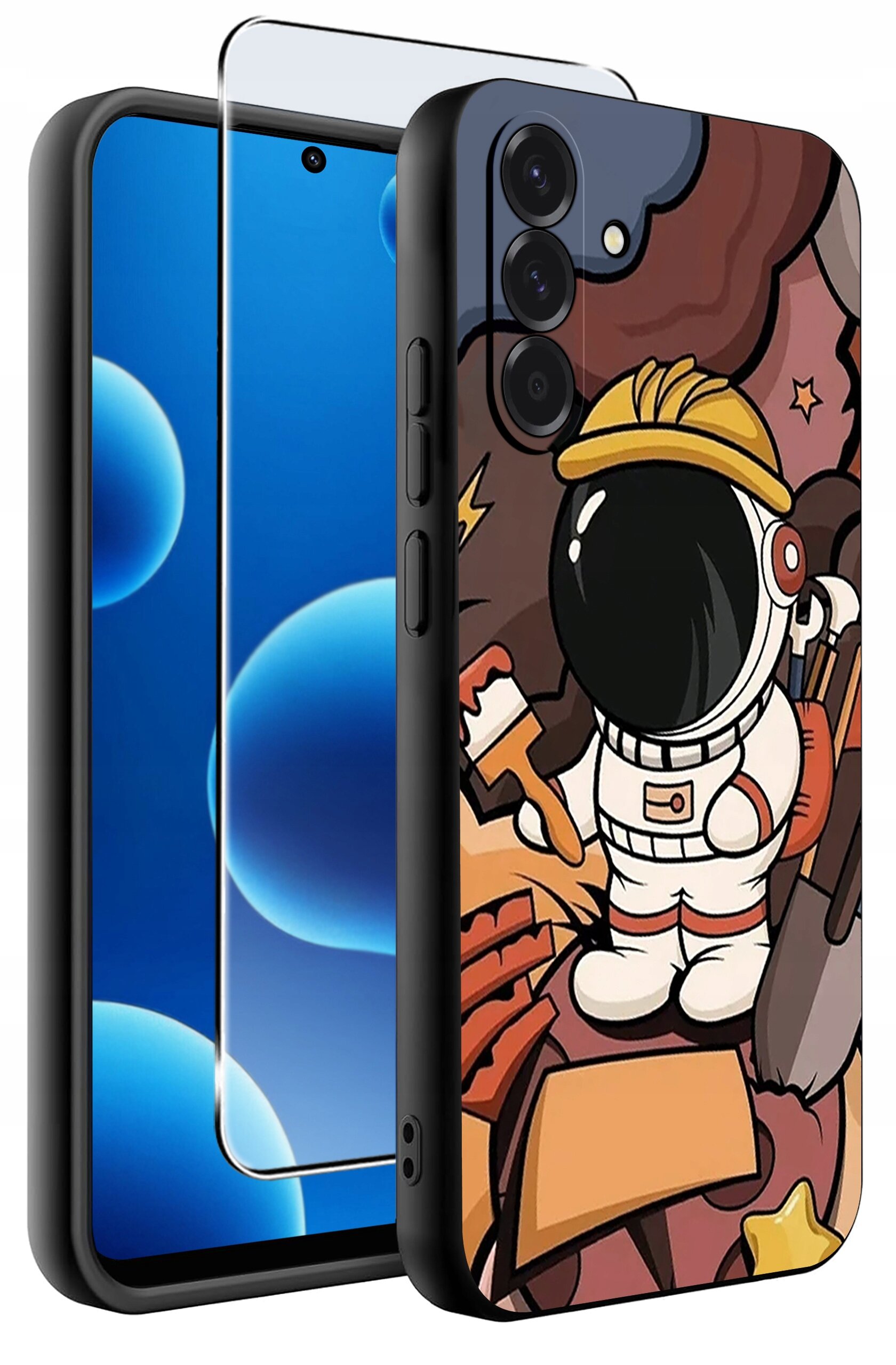 Obraz przedstawia silikonowe etui na telefon z kolorowym wzorem astronauty w kasku, trzymającego narzędzia. Obok etui znajduje się szkło ochronne na ekran.