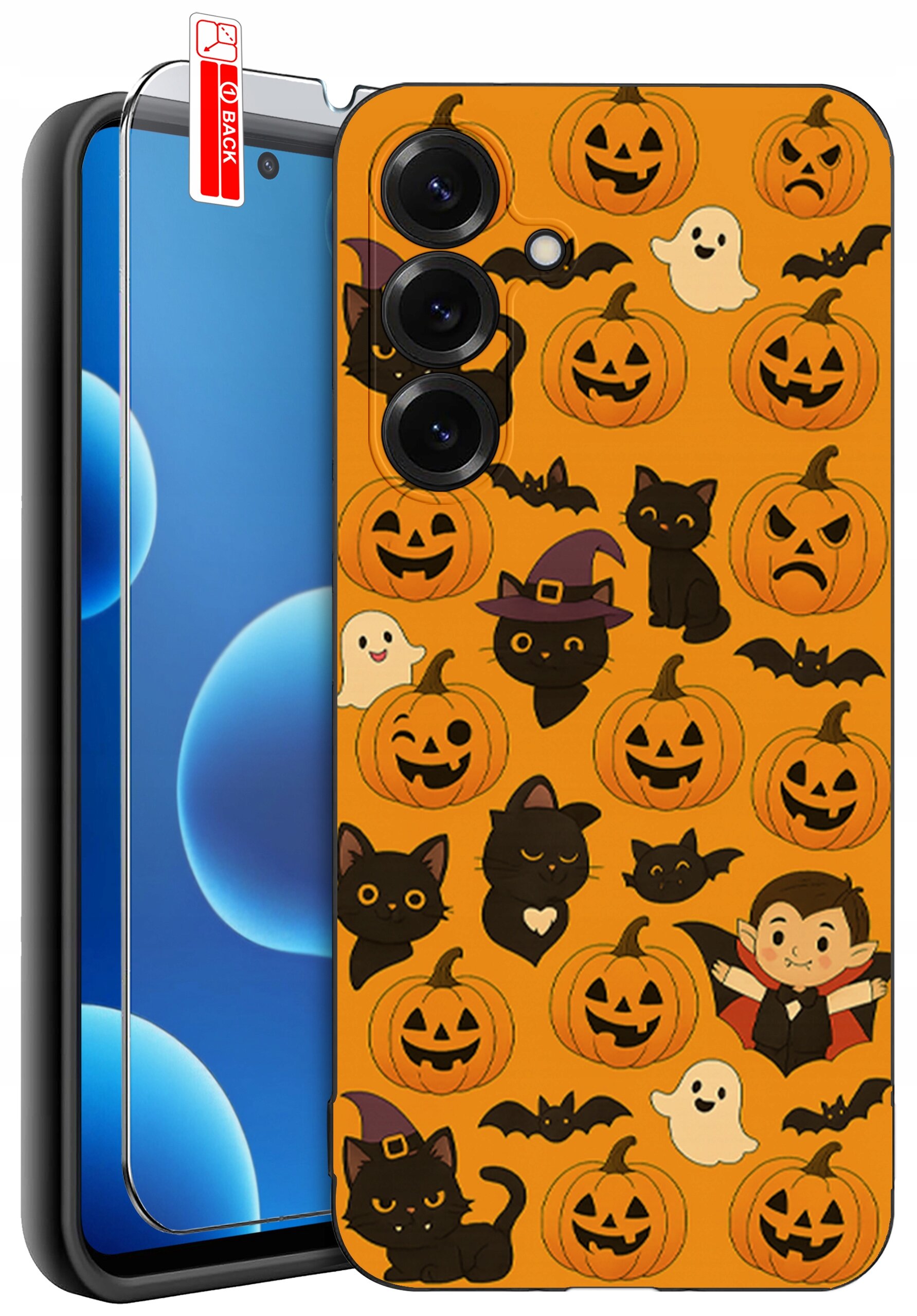 Etui na telefon z motywem Halloween, przedstawiające dynie, czarne koty, nietoperze, duchy i postać wampira na pomarańczowym tle. Na ekranie telefonu widoczne są niebieskie okręgi, a na krawędzi szkła ochronnego znajduje się napis \'BACK\'.