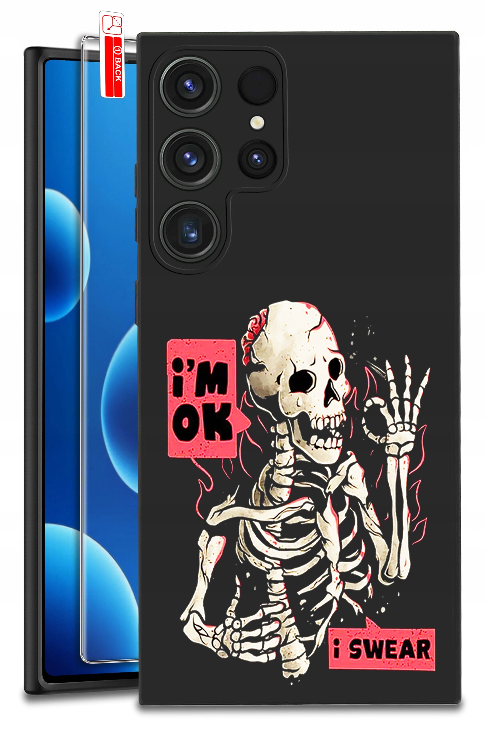 Etui na telefon z grafiką szkieletu i napisami \'i\'m OK\' oraz \'i SWEAR\'. Obok etui widoczne jest szkło ochronne z etykietą \'BLACK\'.